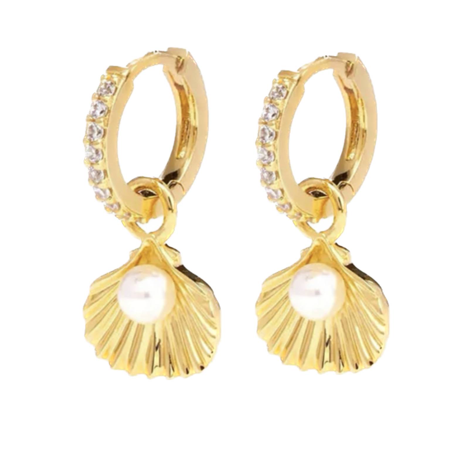 Aretes ARETIZE Concha caracol de Plata de Ley 925 Baño en Oro de 18k Zirconias y Perlas Dorado Mujer Unitalla + Caja de 