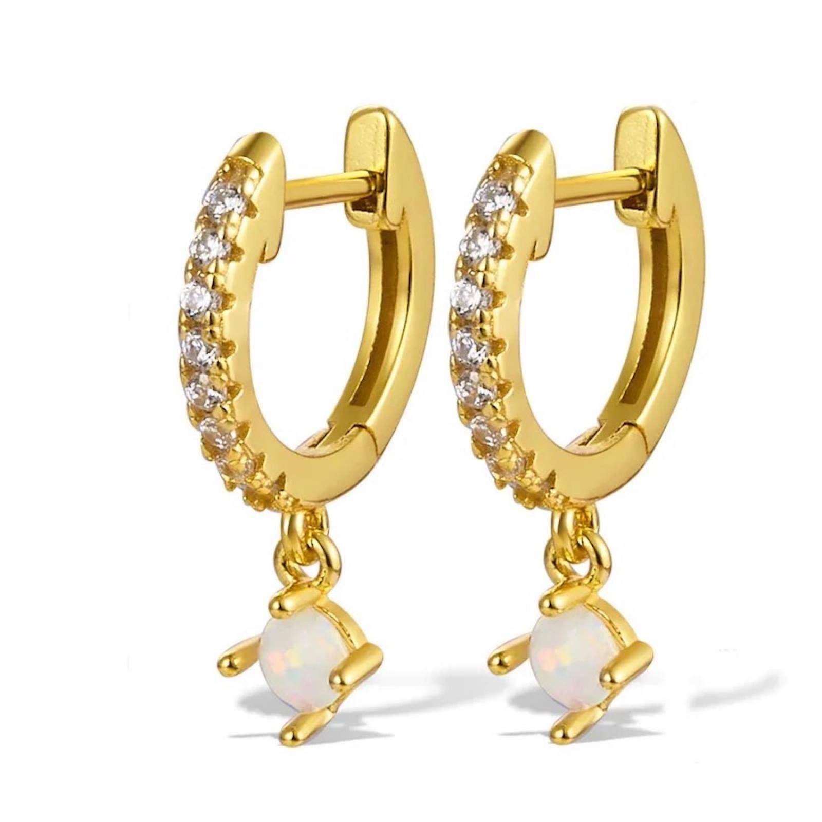 Aretes ARETIZE Aro de Plata de Ley 925 Baño en Oro de 18k Zirconias y Ópalo Dorado Mujer Unitalla + Caja de Regalo 
