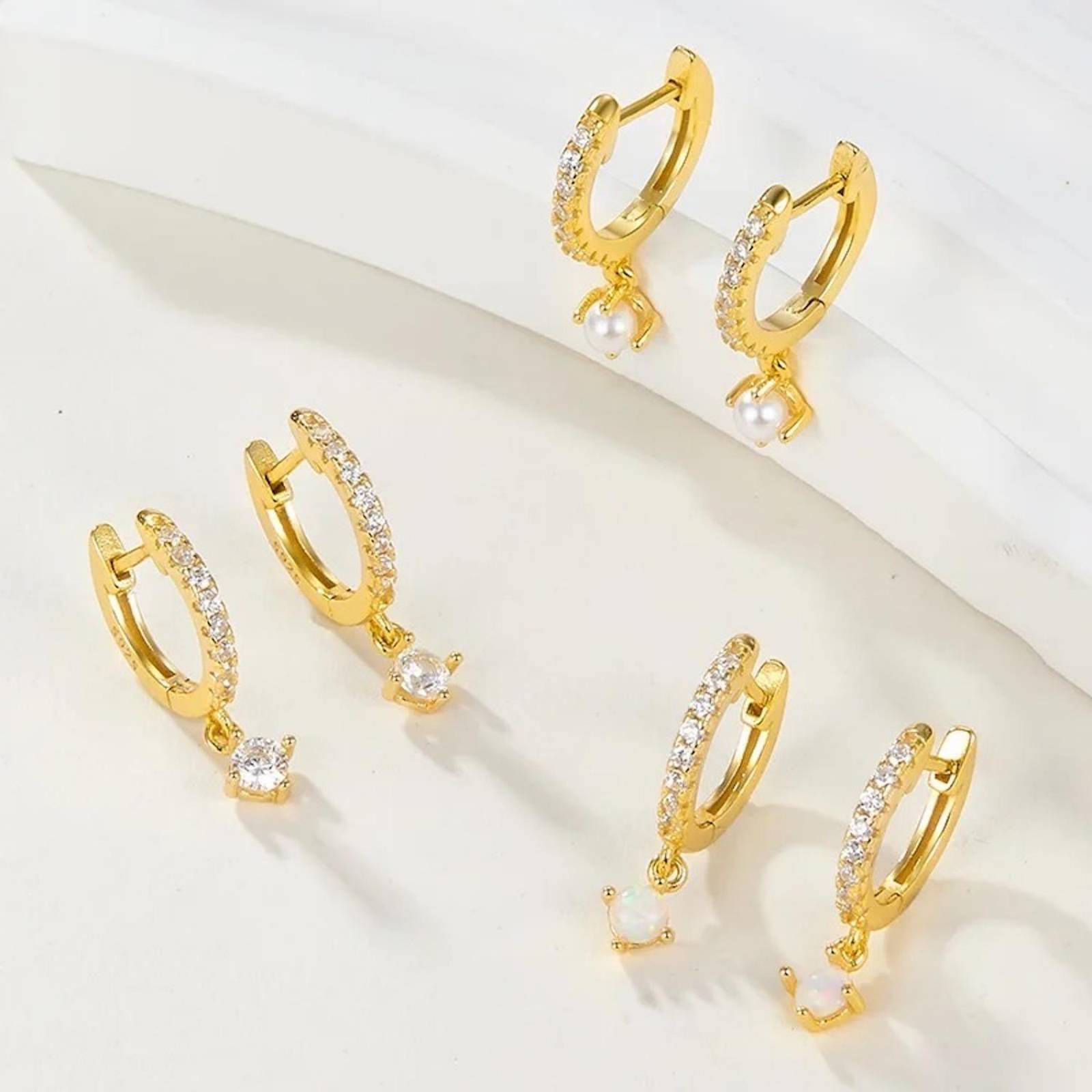 Aretes ARETIZE Aro de Plata de Ley 925 Baño en Oro de 18k Zirconias y Ópalo Dorado Mujer Unitalla + Caja de Regalo 