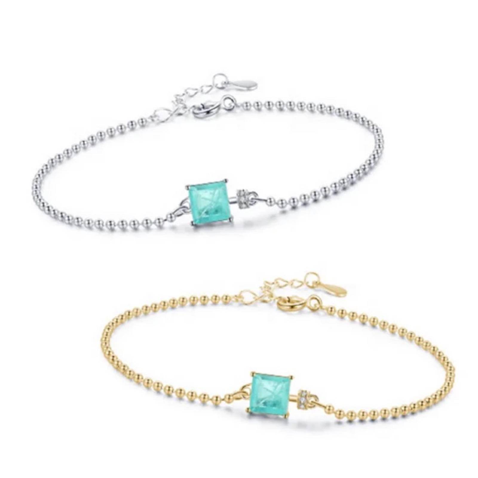 Pulsera ARETIZE Brazalete Cuentas Cuadrado de Plata de Ley 925 Baño en Oro de 18k Zirconias Dorado Mujer Ajustable + 