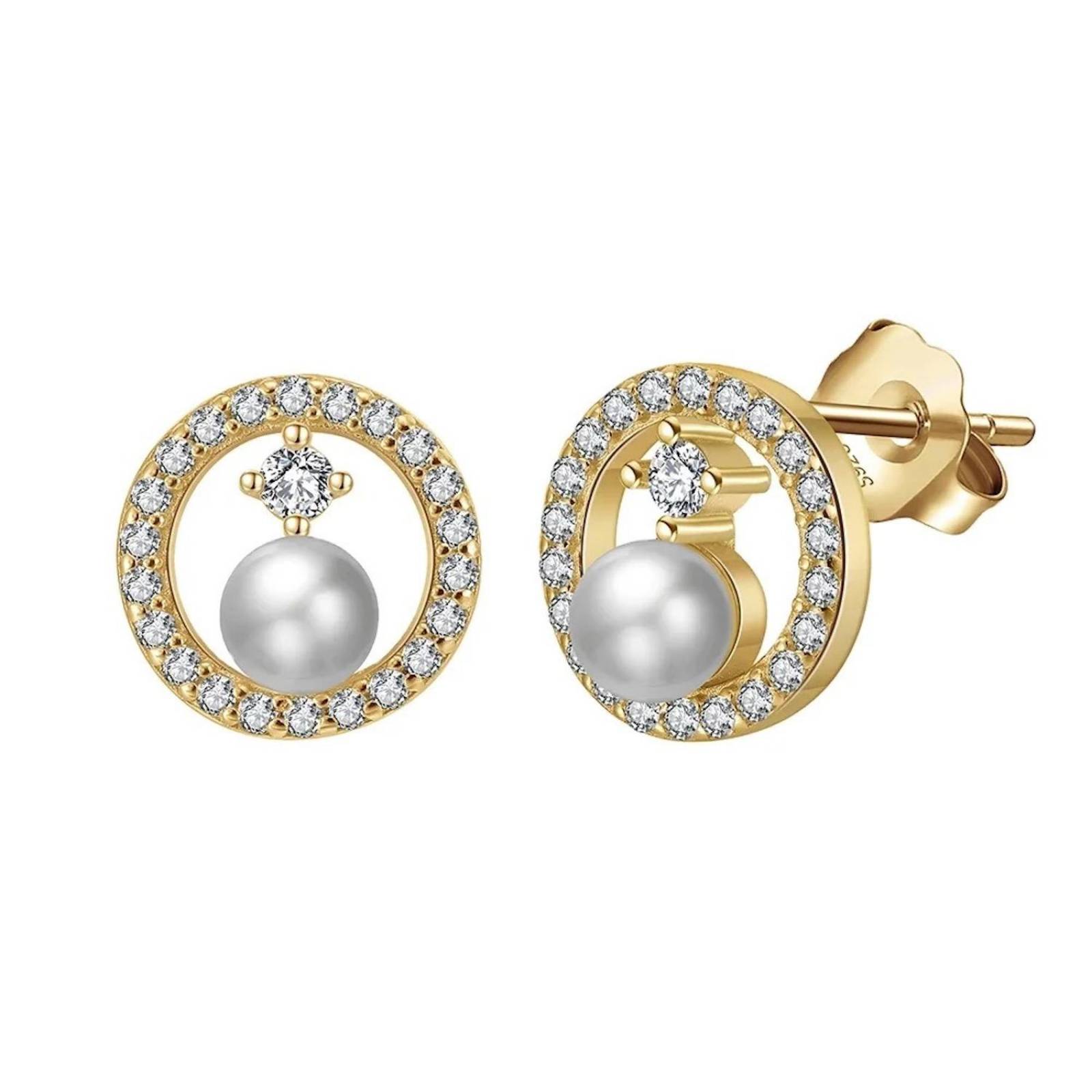 Aretes Plata 925 Oro 18k Zirconias y Perlas Blancas Círculos