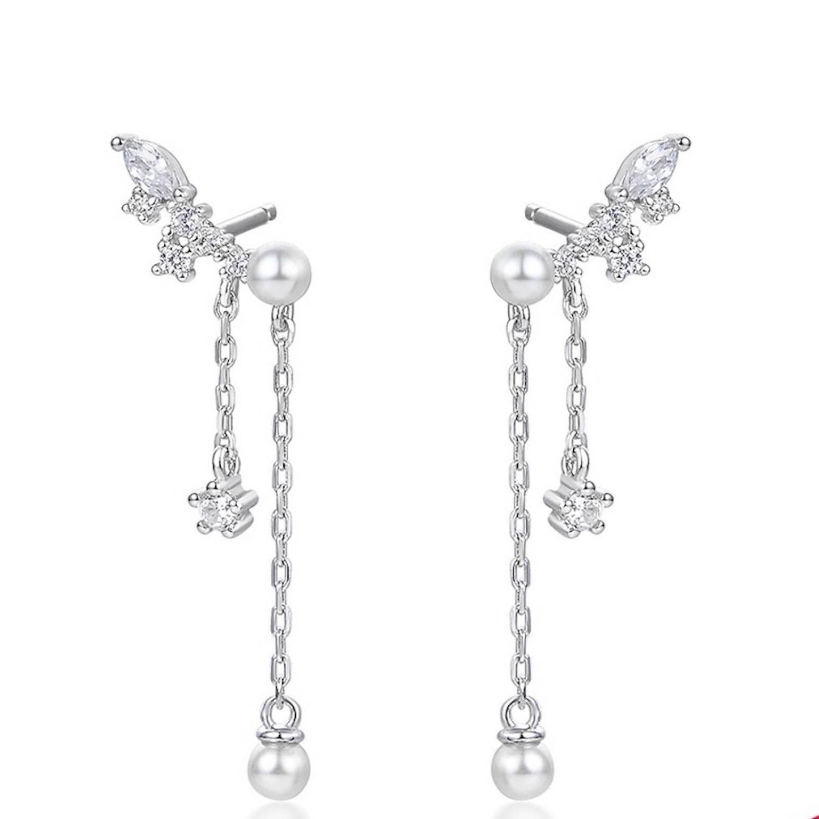 Aretes Plata 925 Piedras Transparentes y Blancas Colgantes 