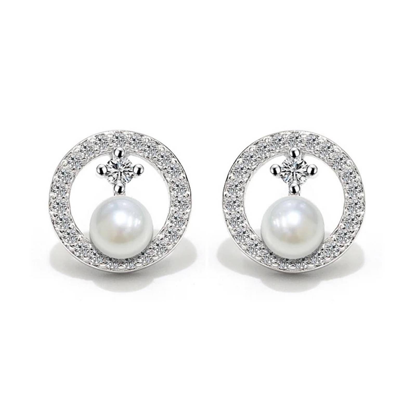 Aretes de Plata 925 Zirconias y Perlas Blancas Círculos 