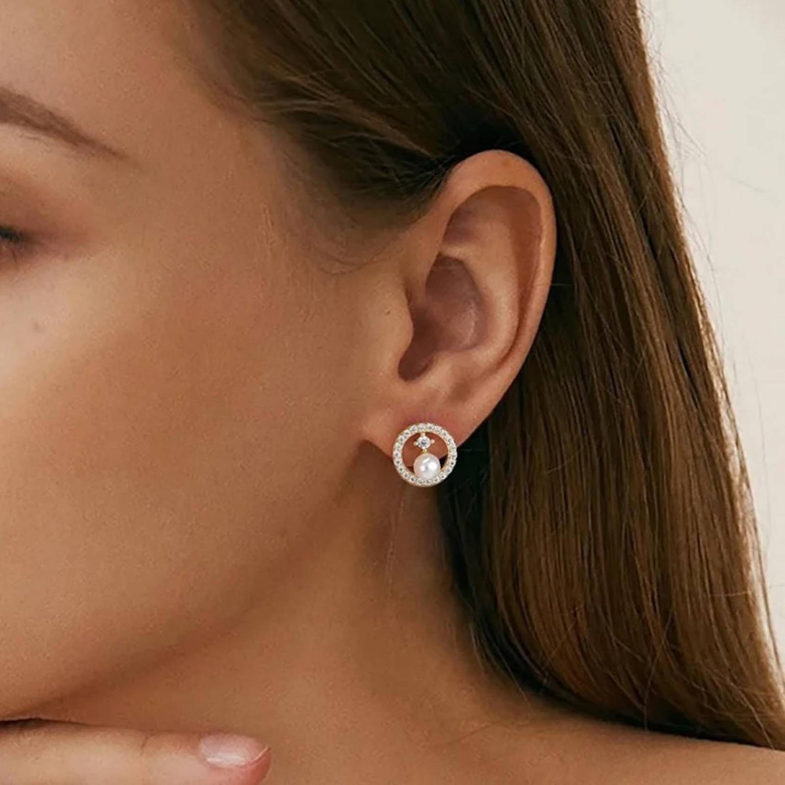 Aretes de Plata 925 Zirconias y Perlas Blancas Círculos 