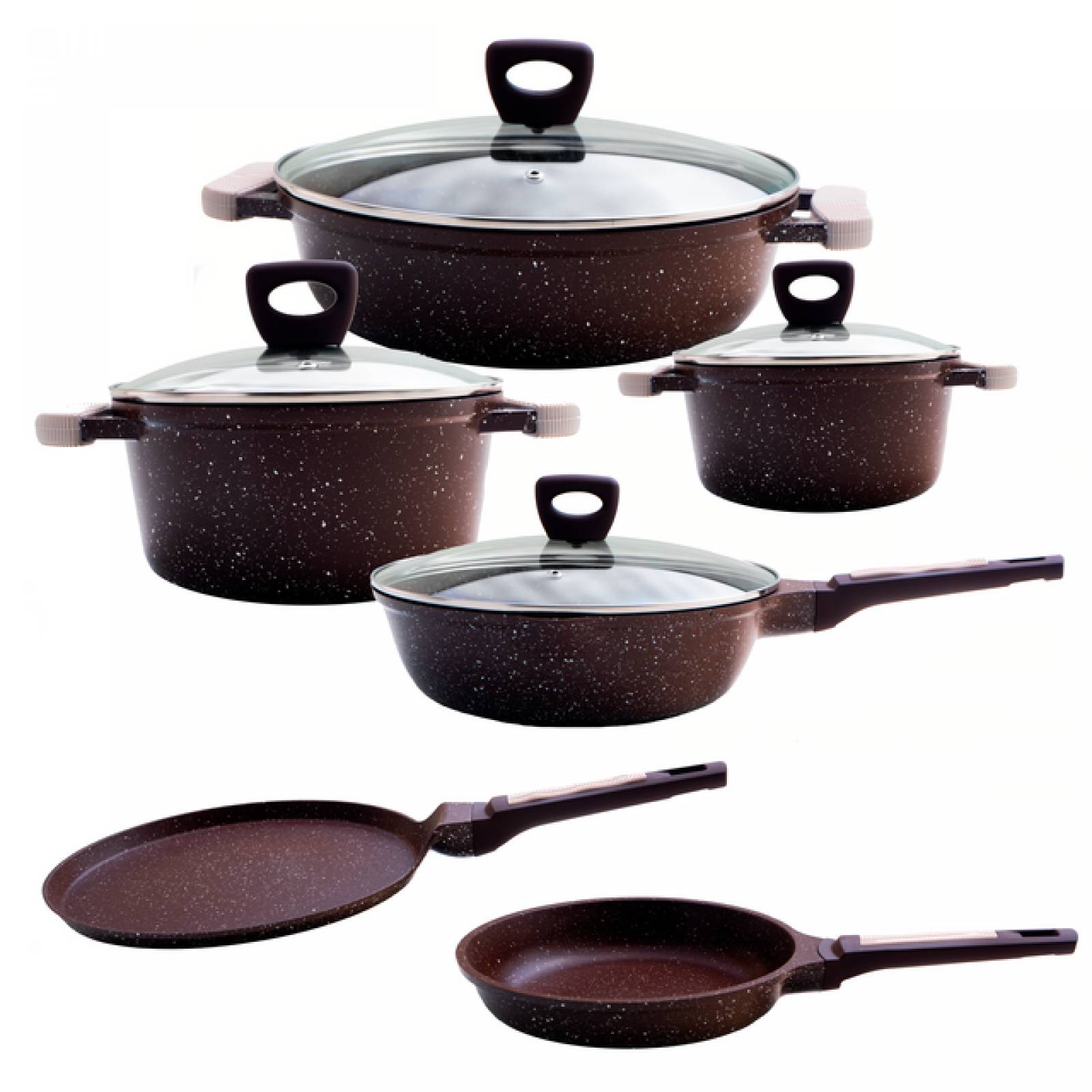 Batería de Cocina Aluminio Grunberg Antiadherente de Mármol 10 piezas Café