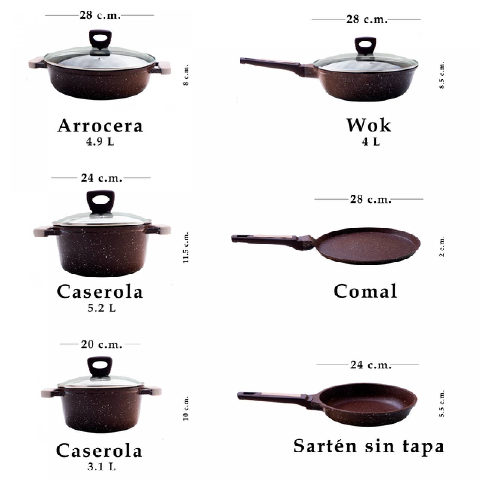 Batería de Cocina Aluminio Grunberg Antiadherente de Mármol 10 piezas Café