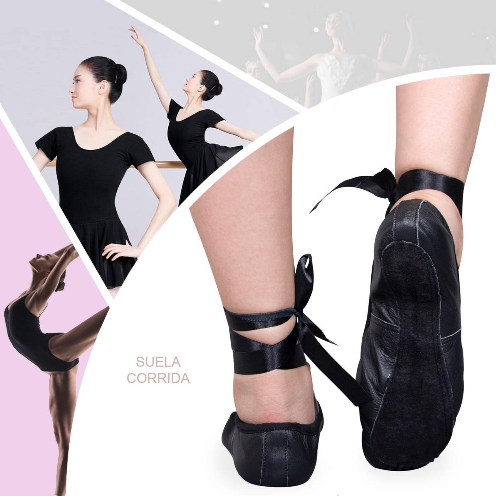 Zapatilla De Ballet De Piel Suela Corrida Negro y Blanco 15 a 30 