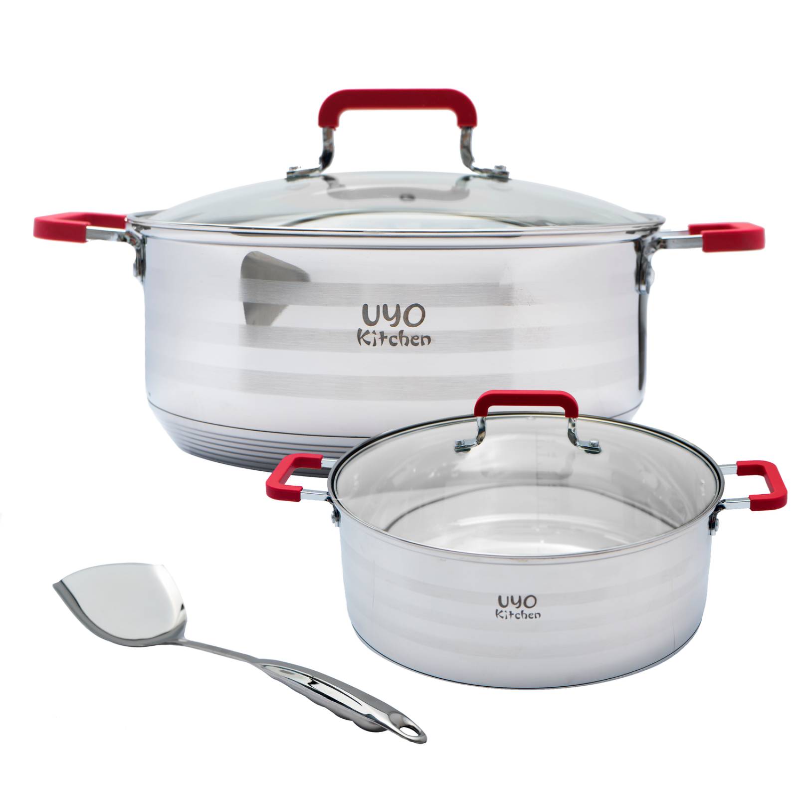 Dos Ollas de Acero Inoxidable Con Mango y Asa de Silicón Rojo Unitalla