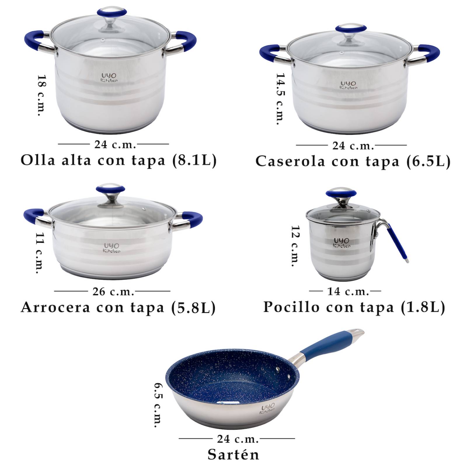 Bateria de Cocina Acero Inoxidable Con Antiadherente 9 Pzas Azul
