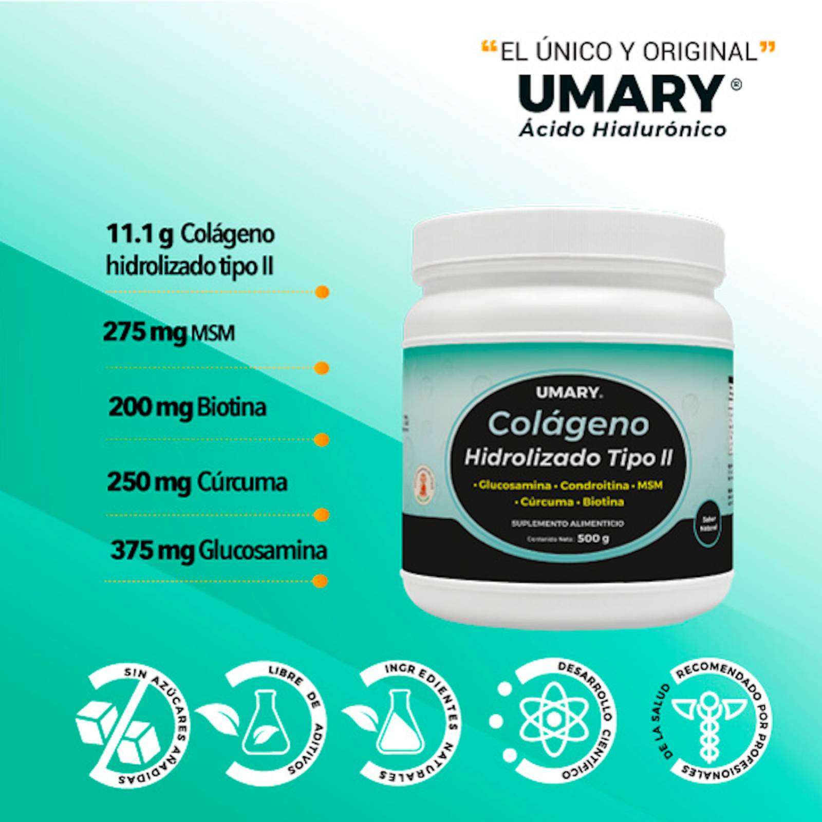 UMARY 1 Colágeno Hidrolizado tipo II. Polvo con Biotina. 500g