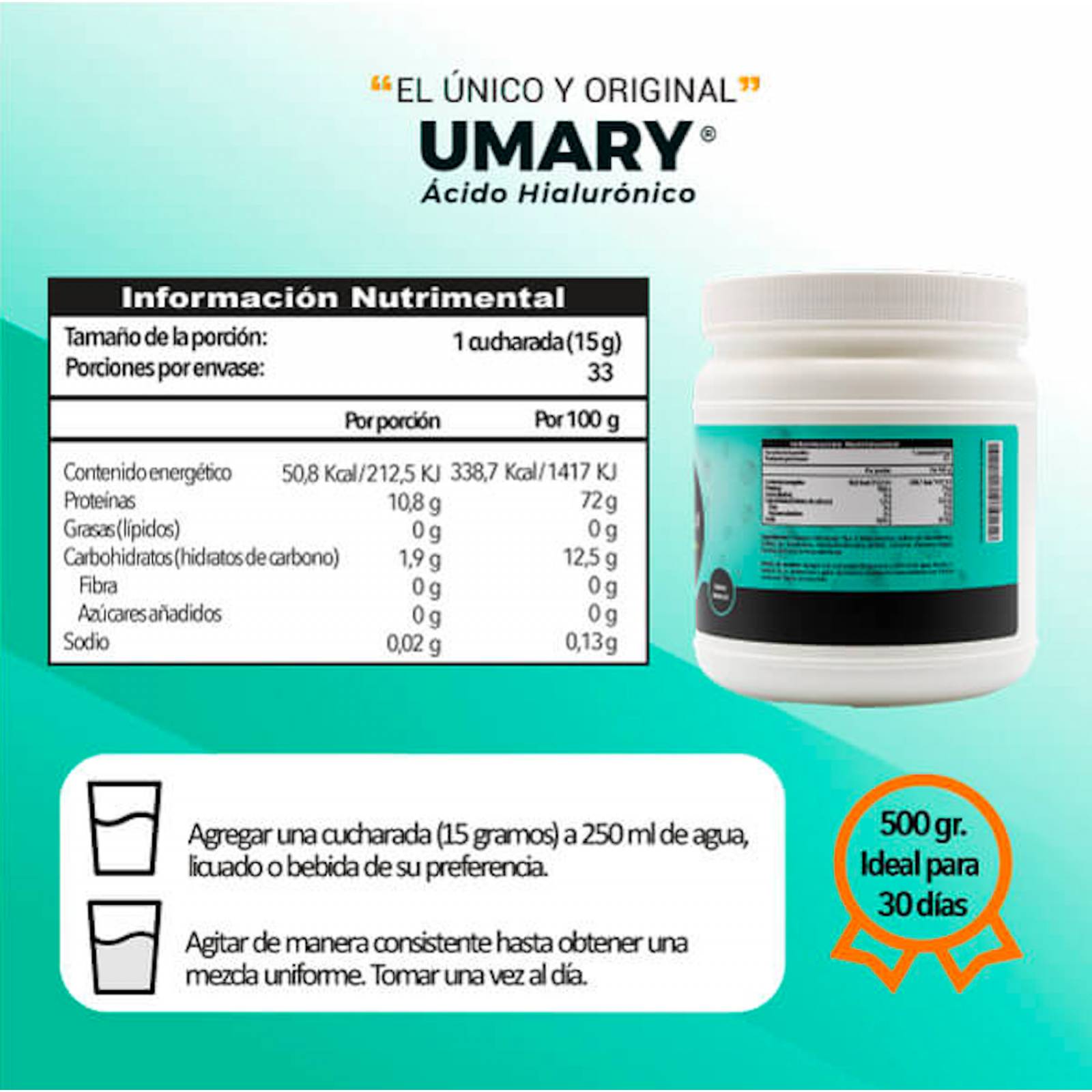 UMARY 1 Colágeno Hidrolizado tipo II. Polvo con Biotina. 500g