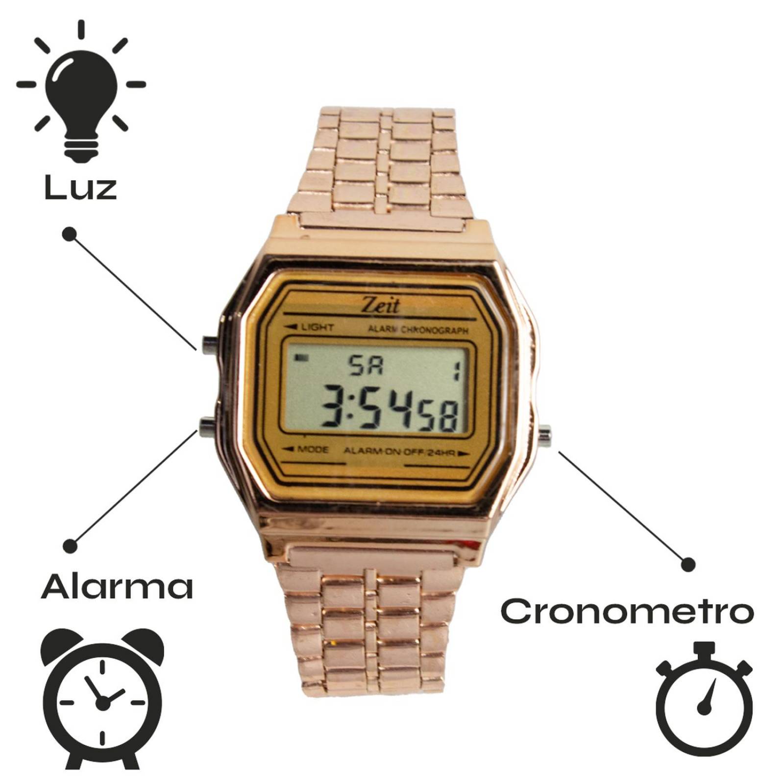 Reloj Digital Zeit Unisex Luz Alarma Cronómetro Oro Rosa