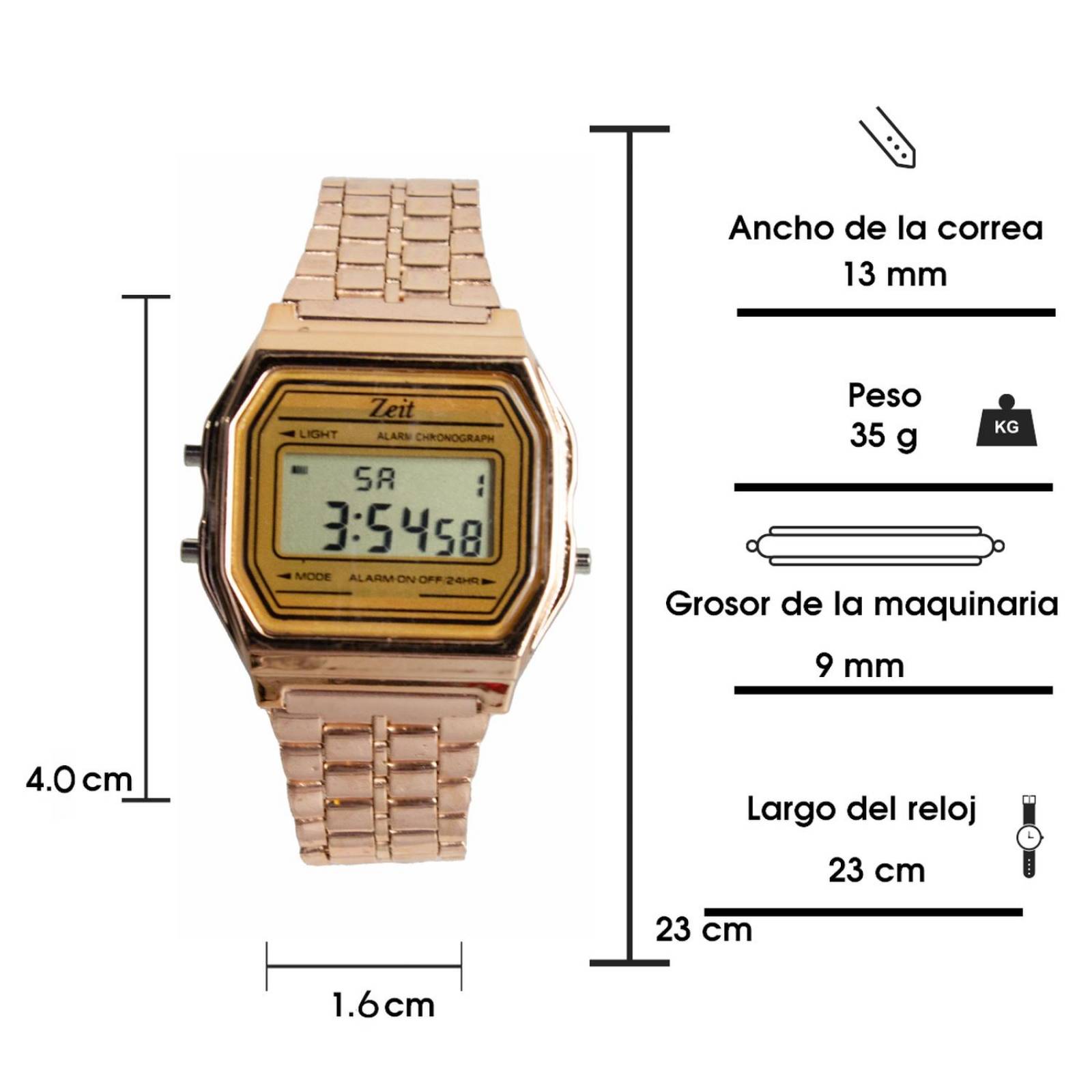 Reloj Digital Zeit Unisex Luz Alarma Cronómetro Oro Rosa