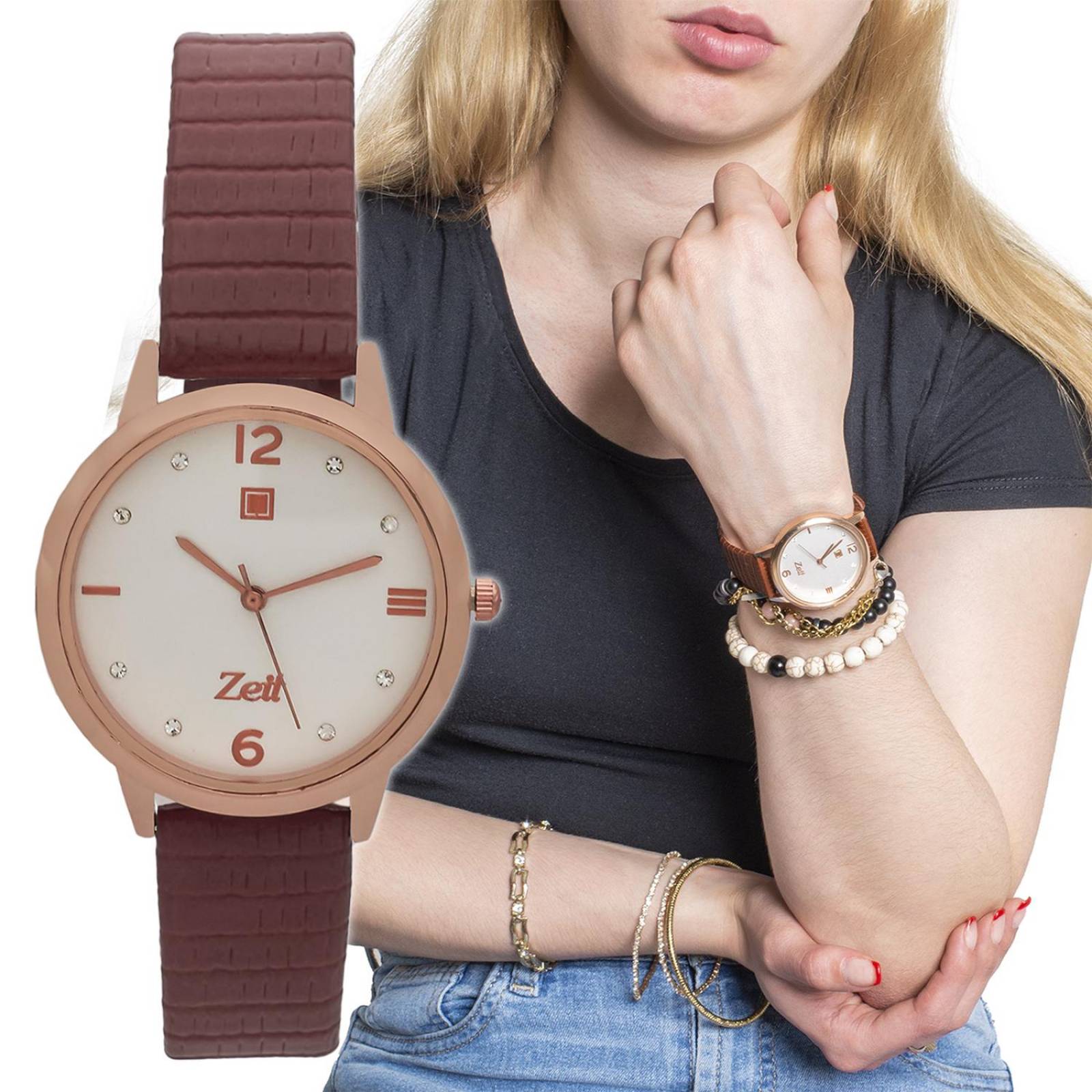 Reloj Análogo Zeit Casual Mujer Tacto Piel Textura Café