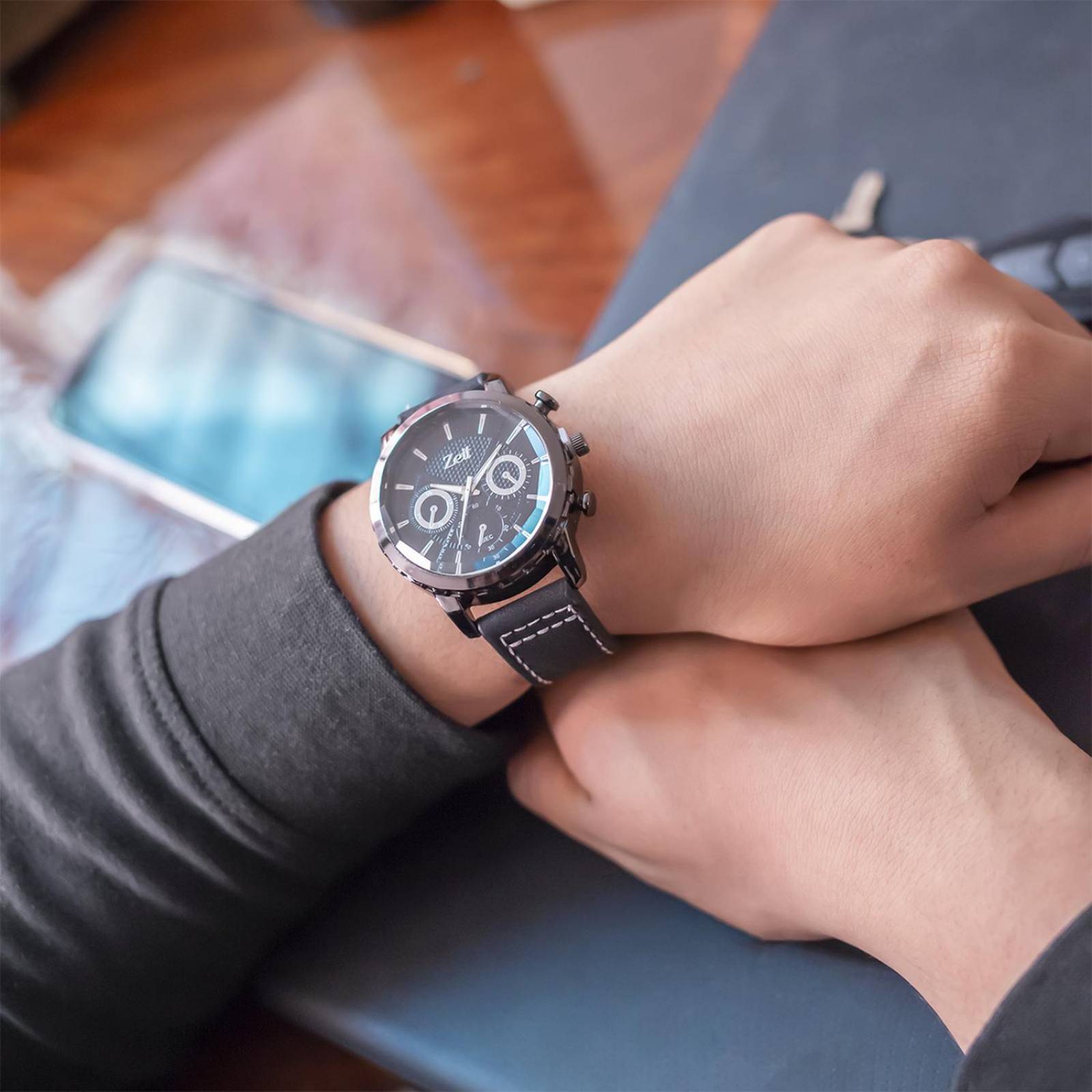 Reloj Análogo Zeit Casual Hombre Tacto Piel Negro