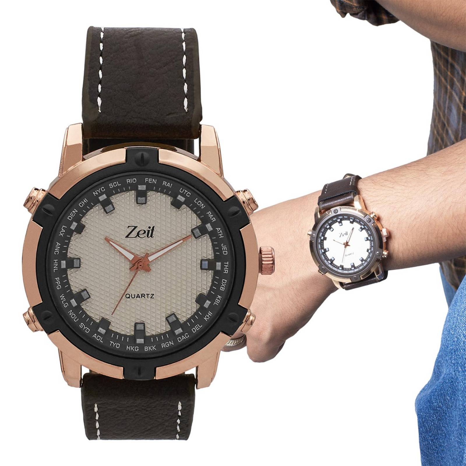Reloj Análogo Zeit Casual Hombre Tacto Piel Chocolate