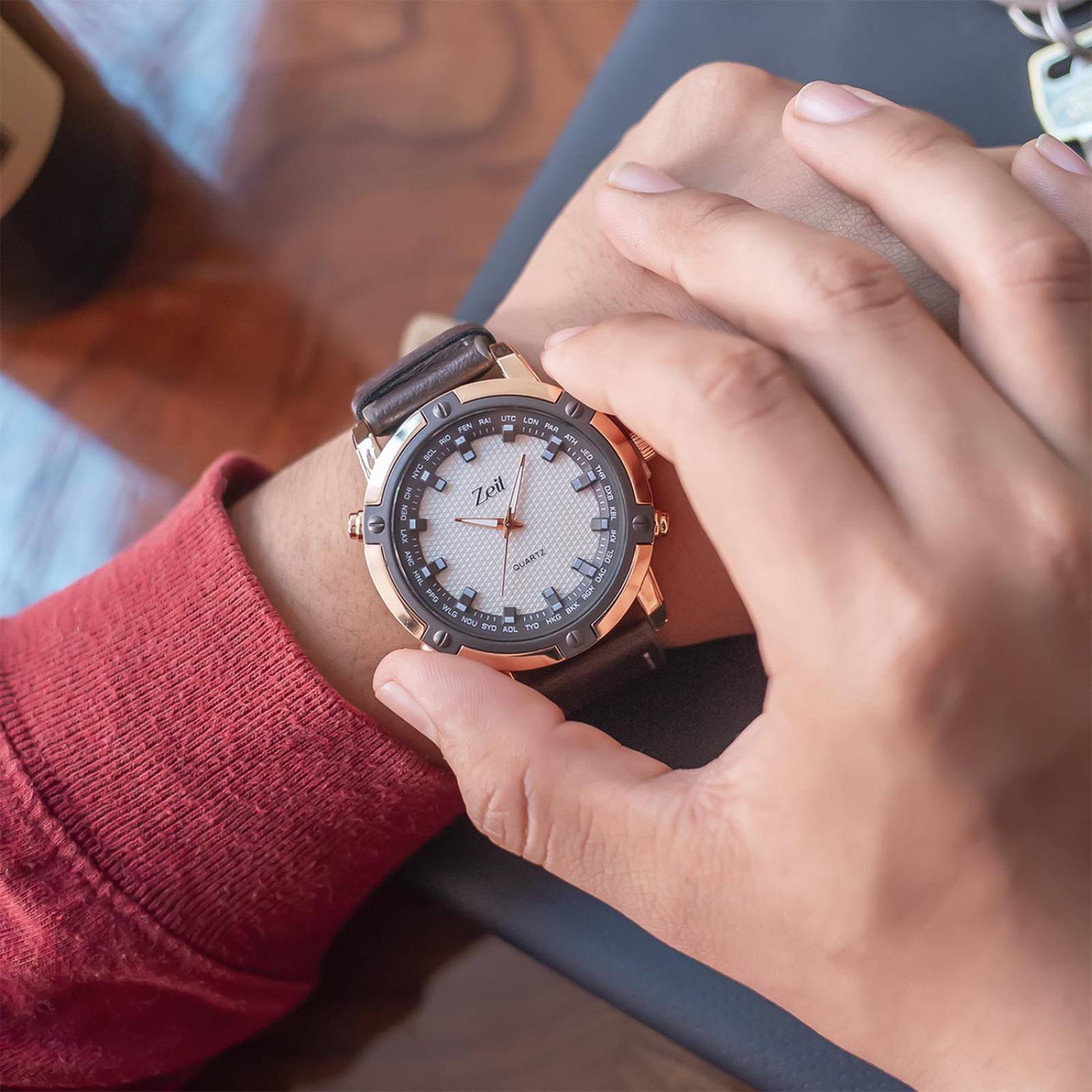 Reloj Análogo Zeit Casual Hombre Tacto Piel Chocolate