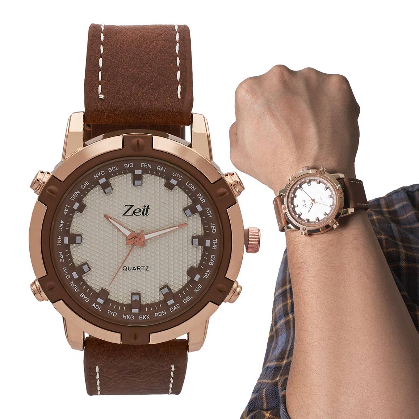 Reloj Análogo Zeit Casual Hombre Tacto Piel Café.