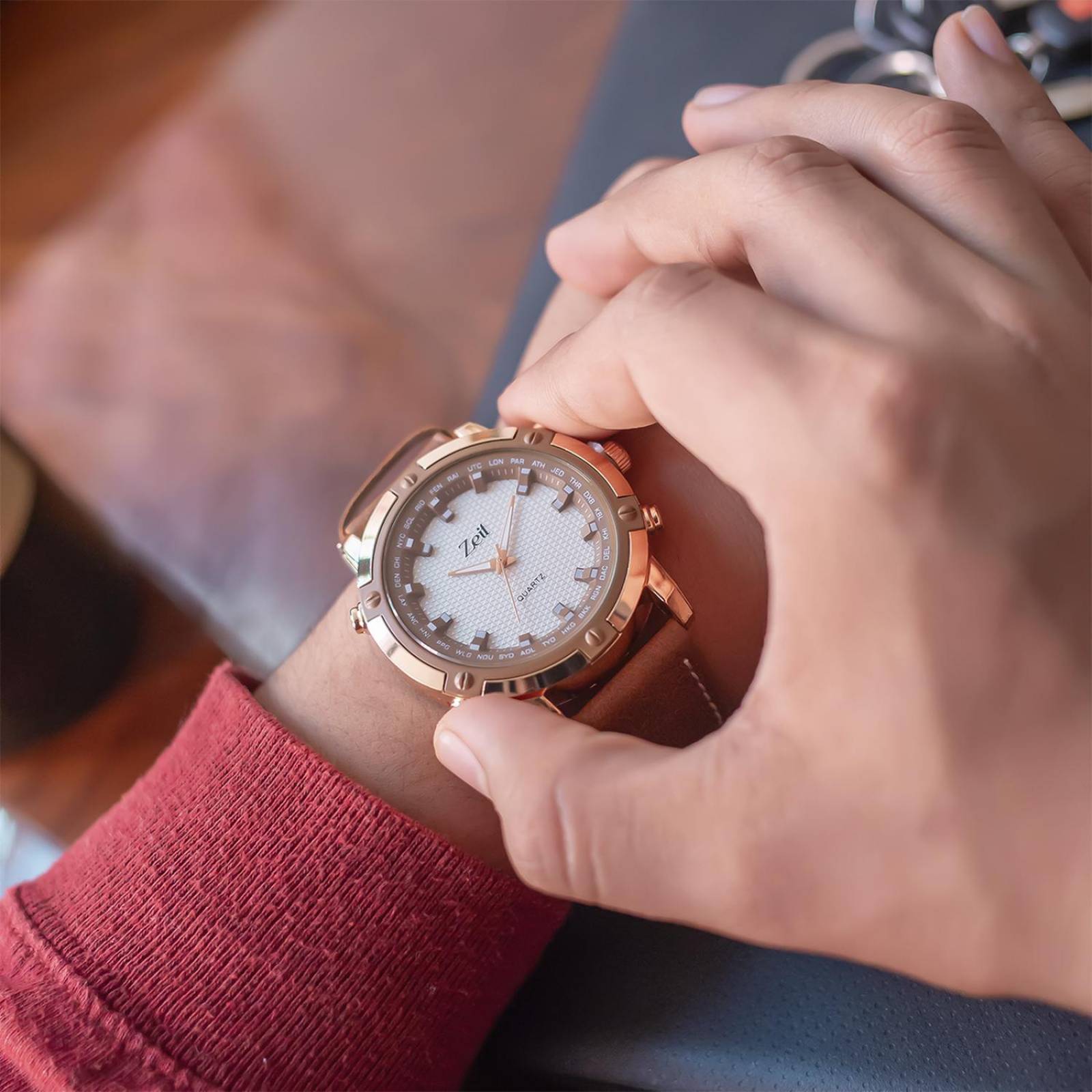 Reloj Análogo Zeit Casual Hombre Tacto Piel Café.
