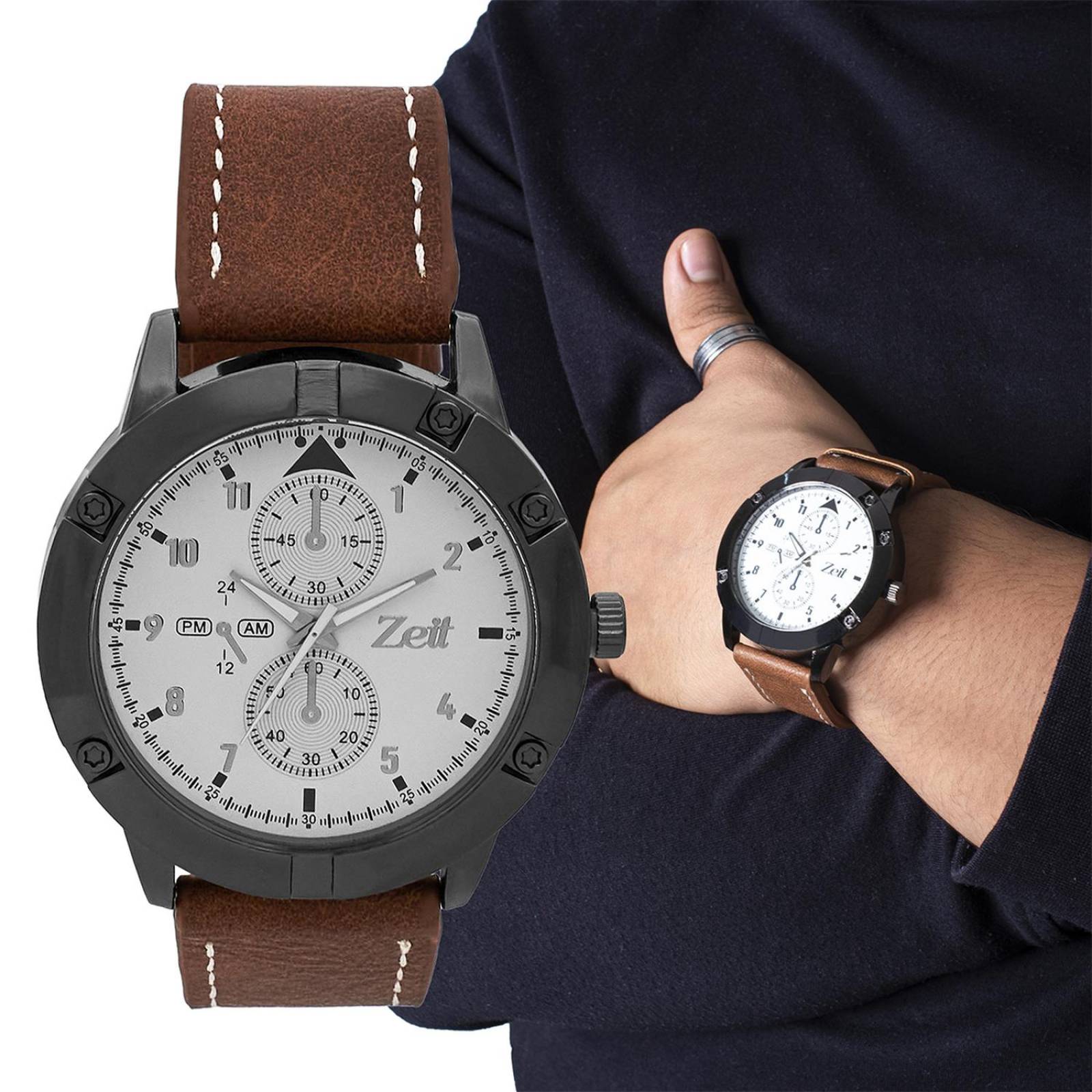 Reloj Análogo Zeit Casual Hombre Extensible Tacto Piel Café 35 mm