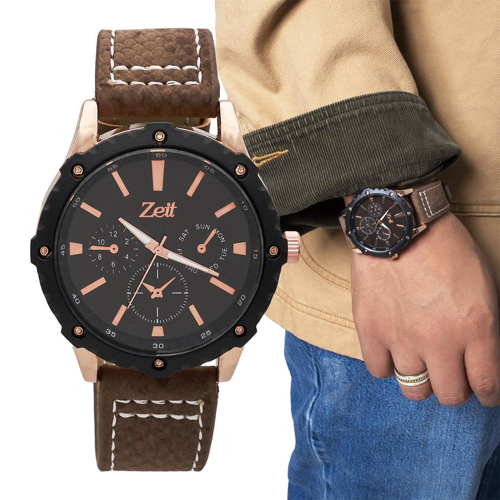 Reloj Análogo Zeit Casual Hombre Tacto Piel Café