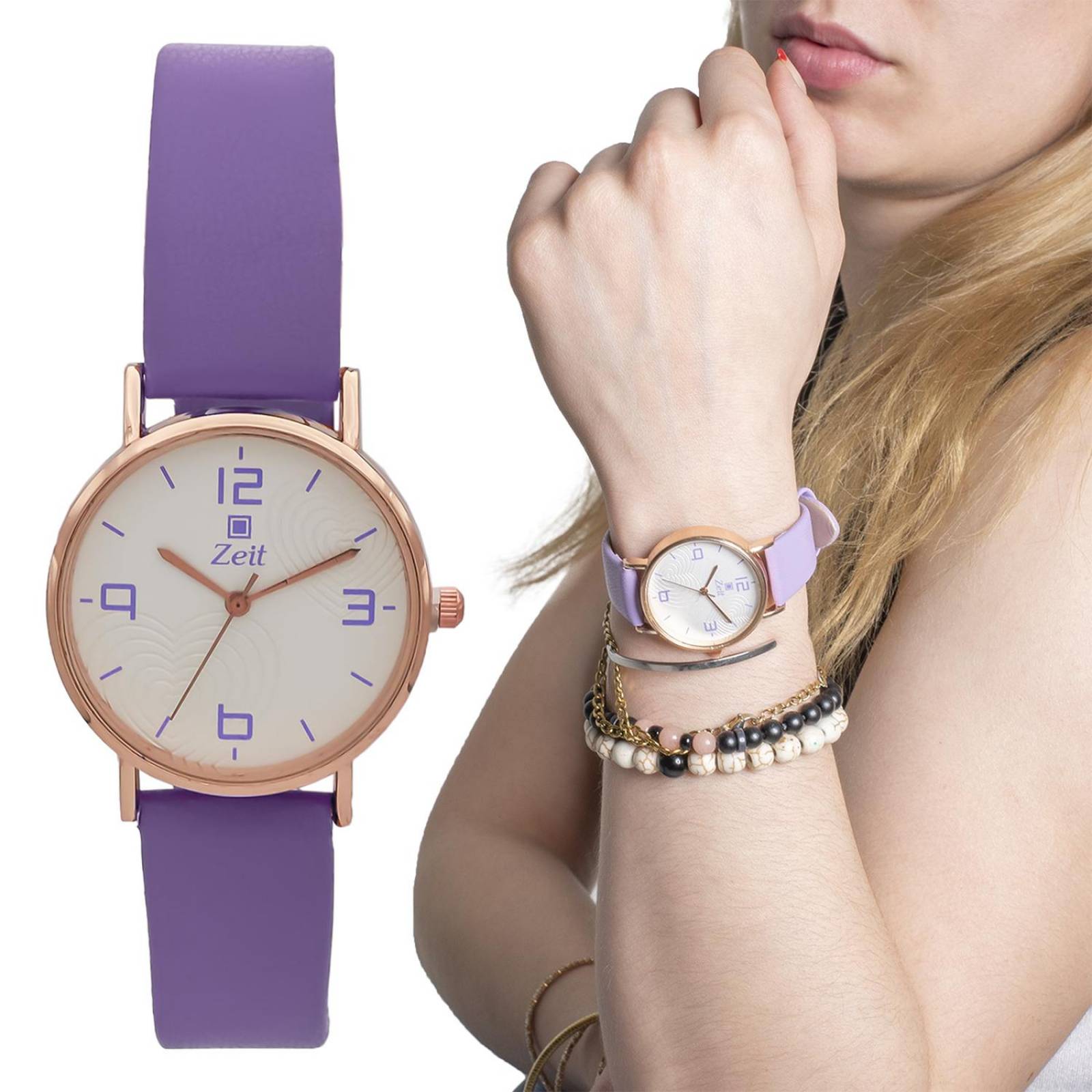 Reloj Análogo Zeit Mujer Tacto Piel Clásico Lila