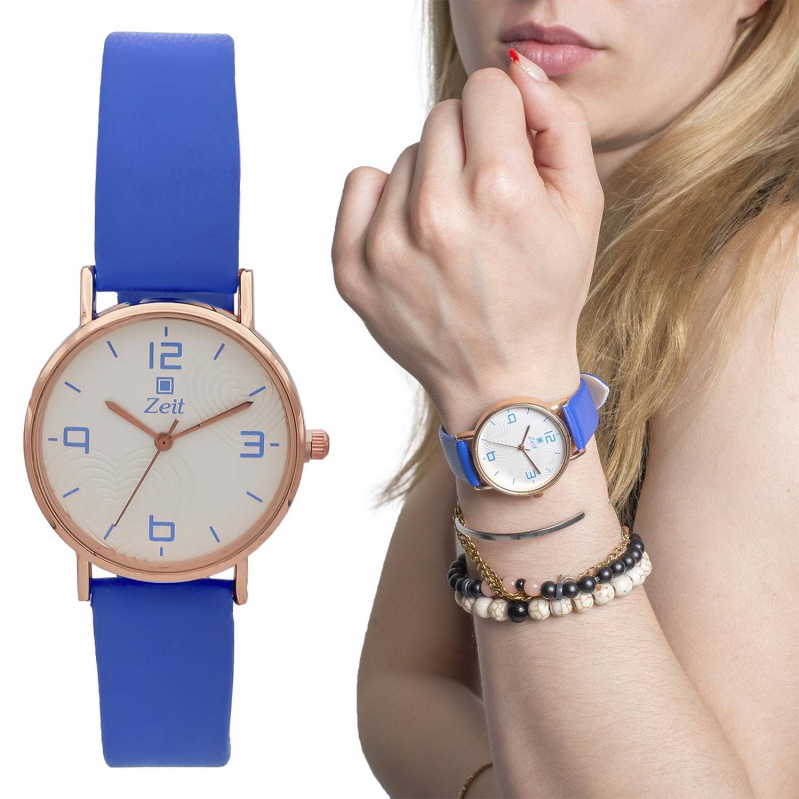 Reloj Análogo Zeit Mujer Tacto Piel Clásico Azul.
