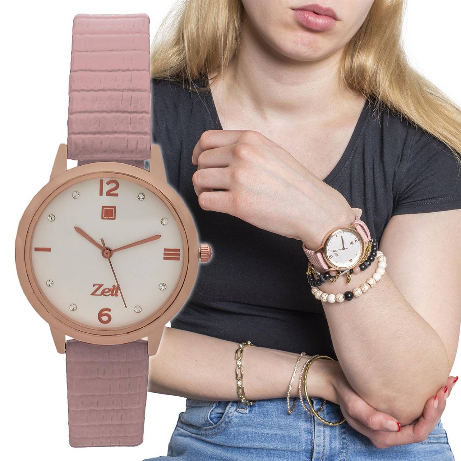 Reloj Análogo Zeit Casual Mujer Tacto Piel Textura Rosa.