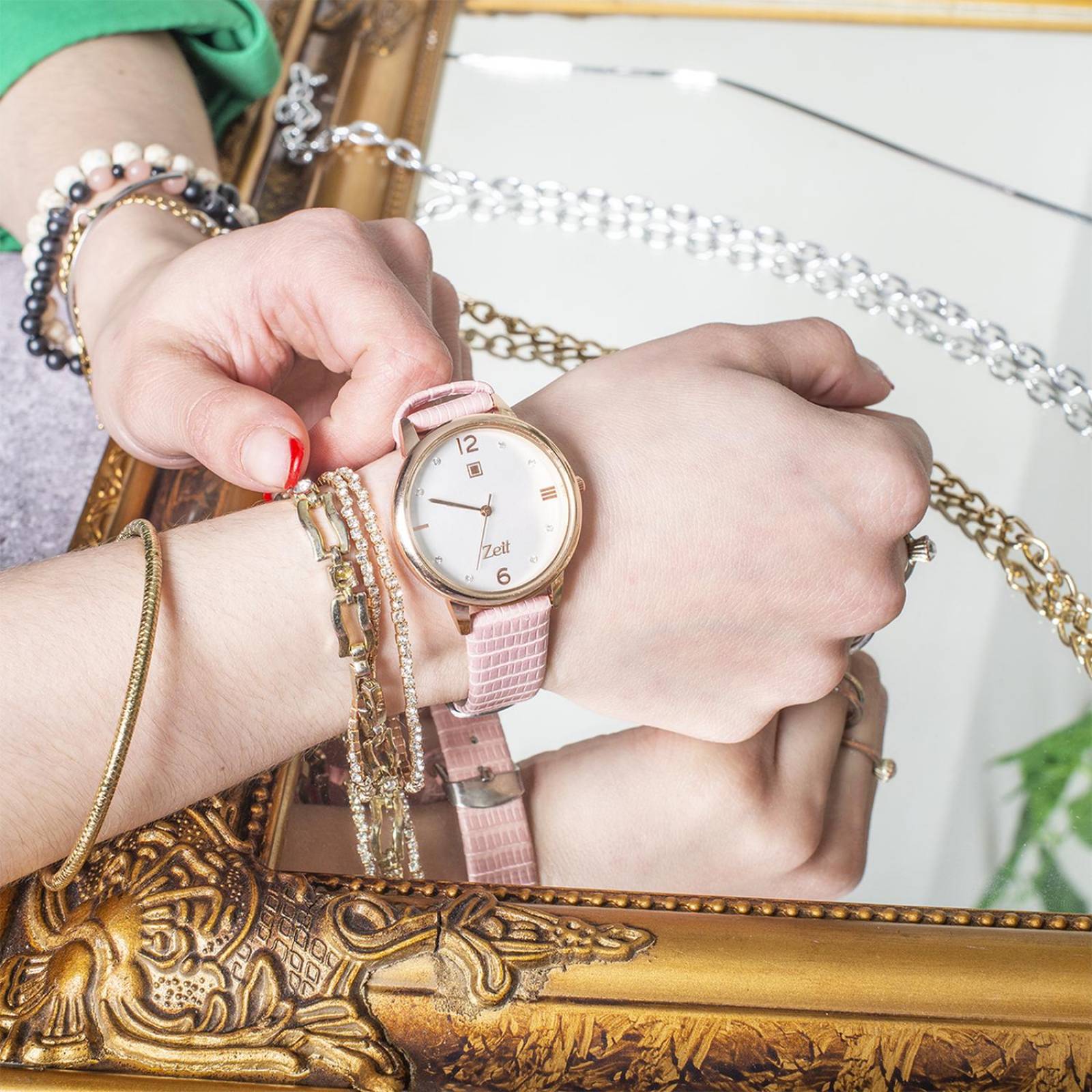 Reloj Análogo Zeit Casual Mujer Tacto Piel Textura Rosa.