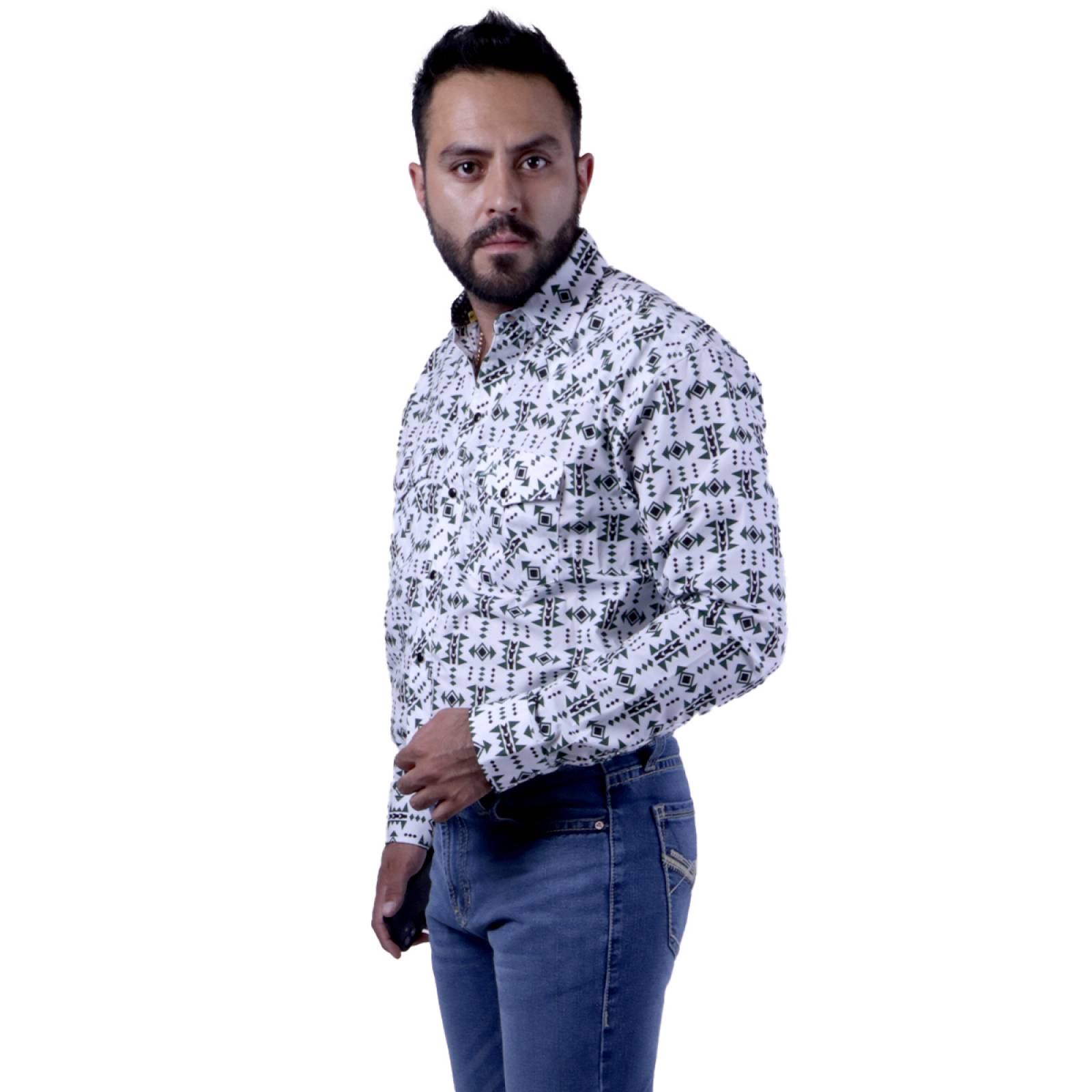 Camisa Vaquera Icy Denver CHH134 Nativo Verde Base Blanca Para Caballero