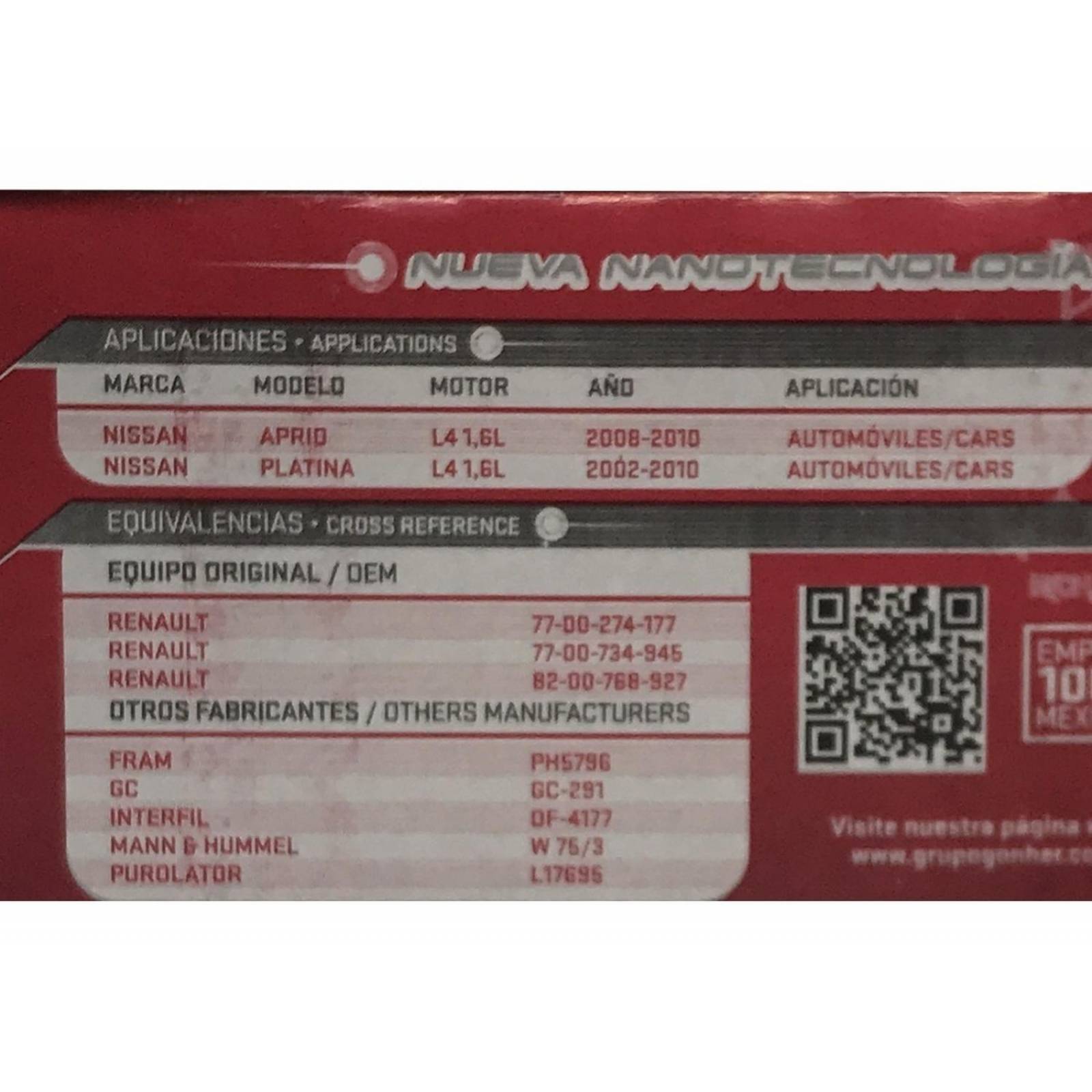 Filtro de Aceite Gp291 Gonher Nanotek