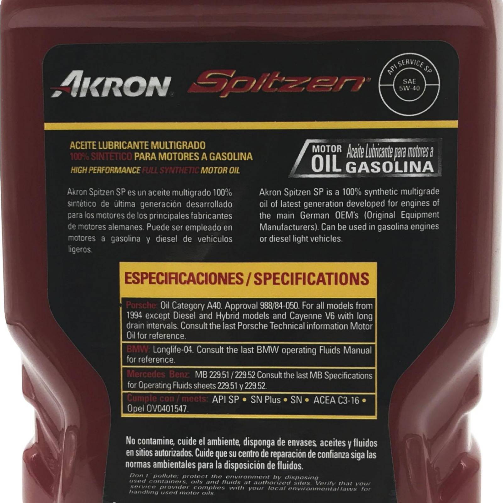 Aceite de Motor Sintético 5W40 1 Litro AKRON Spitzen 