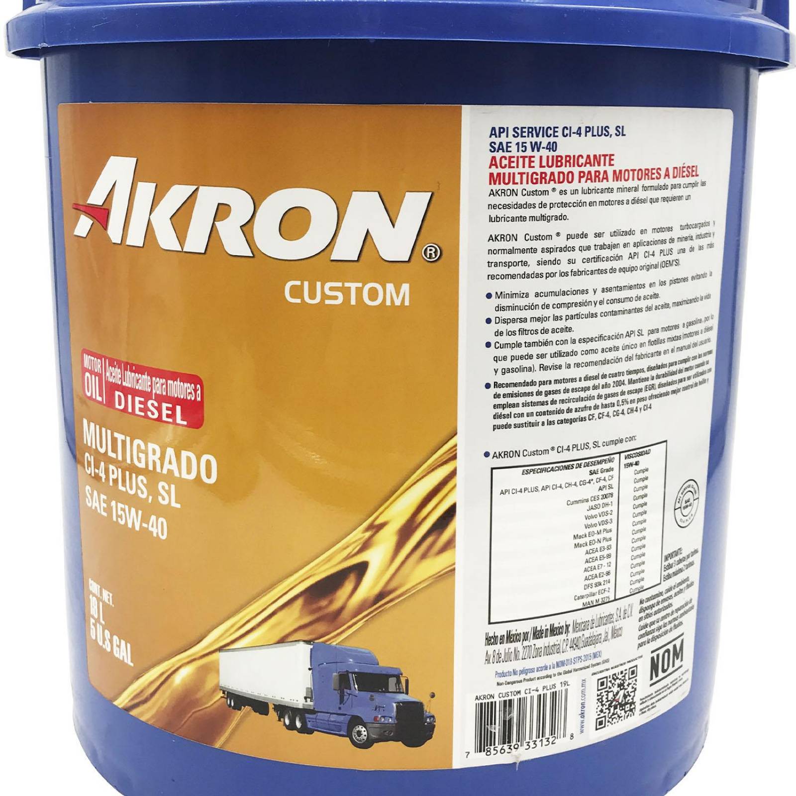 Cubeta de Aceite de Motor 15W40 19 Litros AKRON Custom 