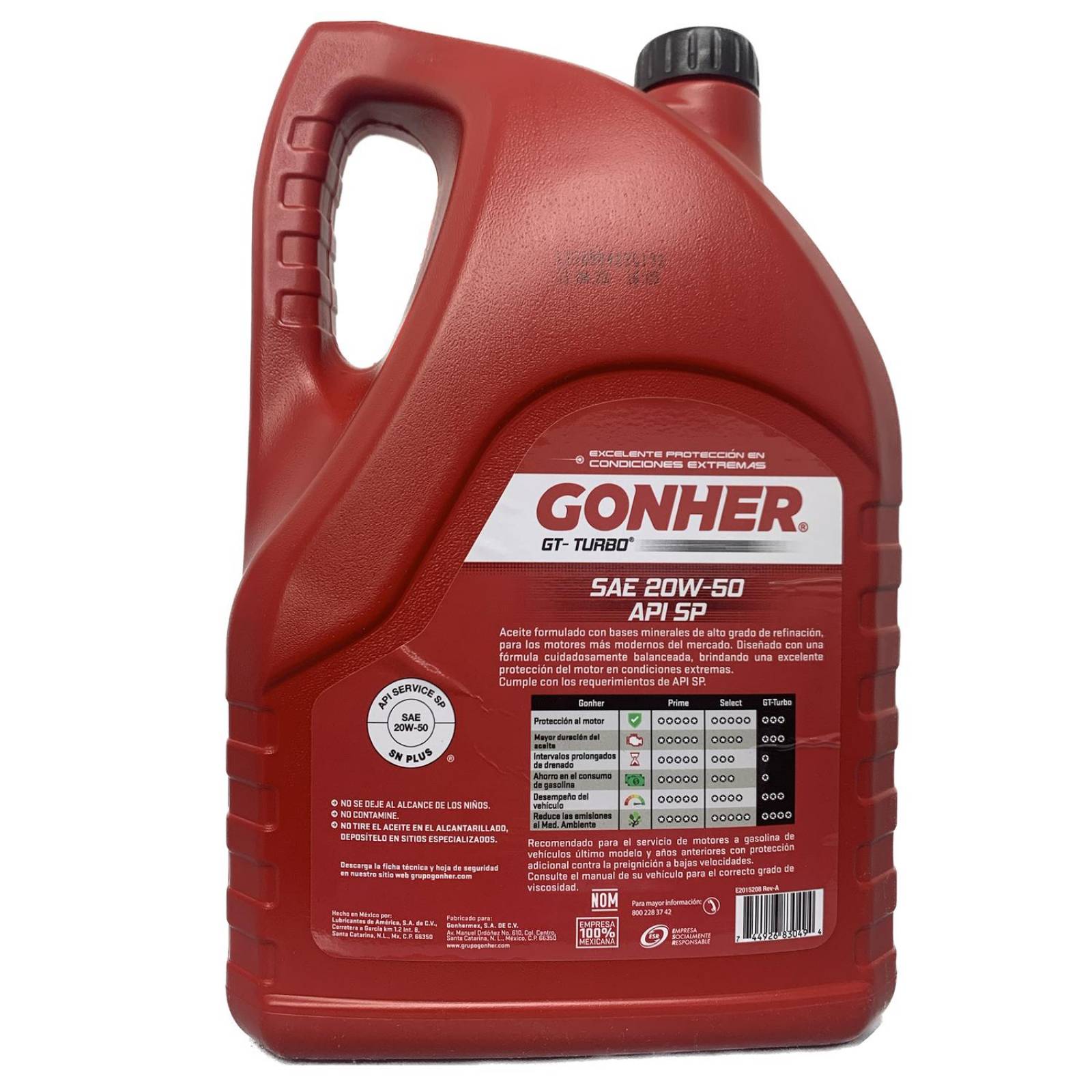 Aceite de Motor Multigrado 20W50 5 Litros Gonher GT Turbo 