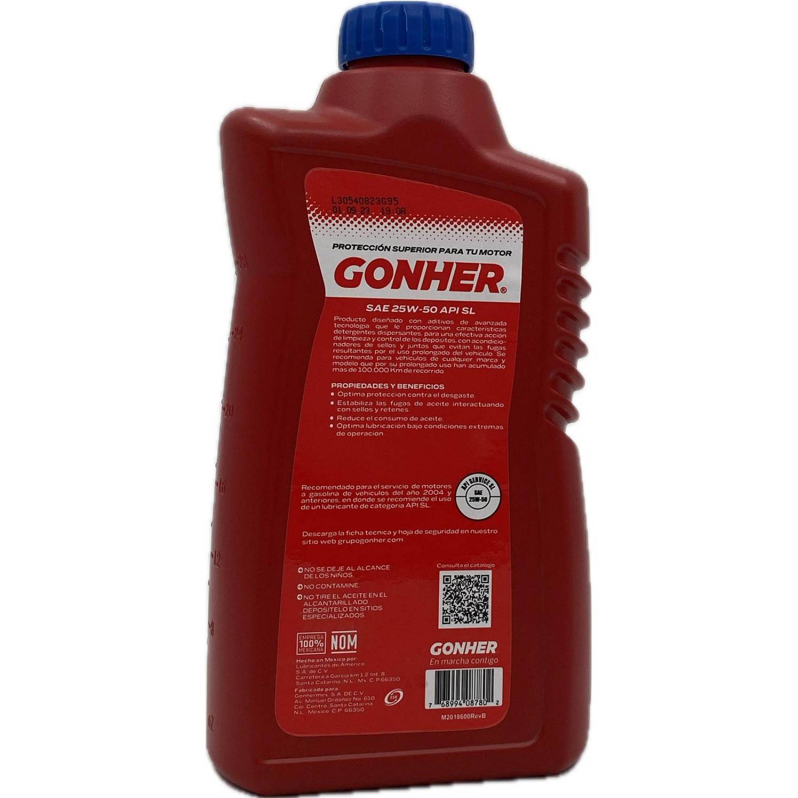Aceite Multigrado de Motor Alto Kilometraje 1 Litro Gonher 25W50 