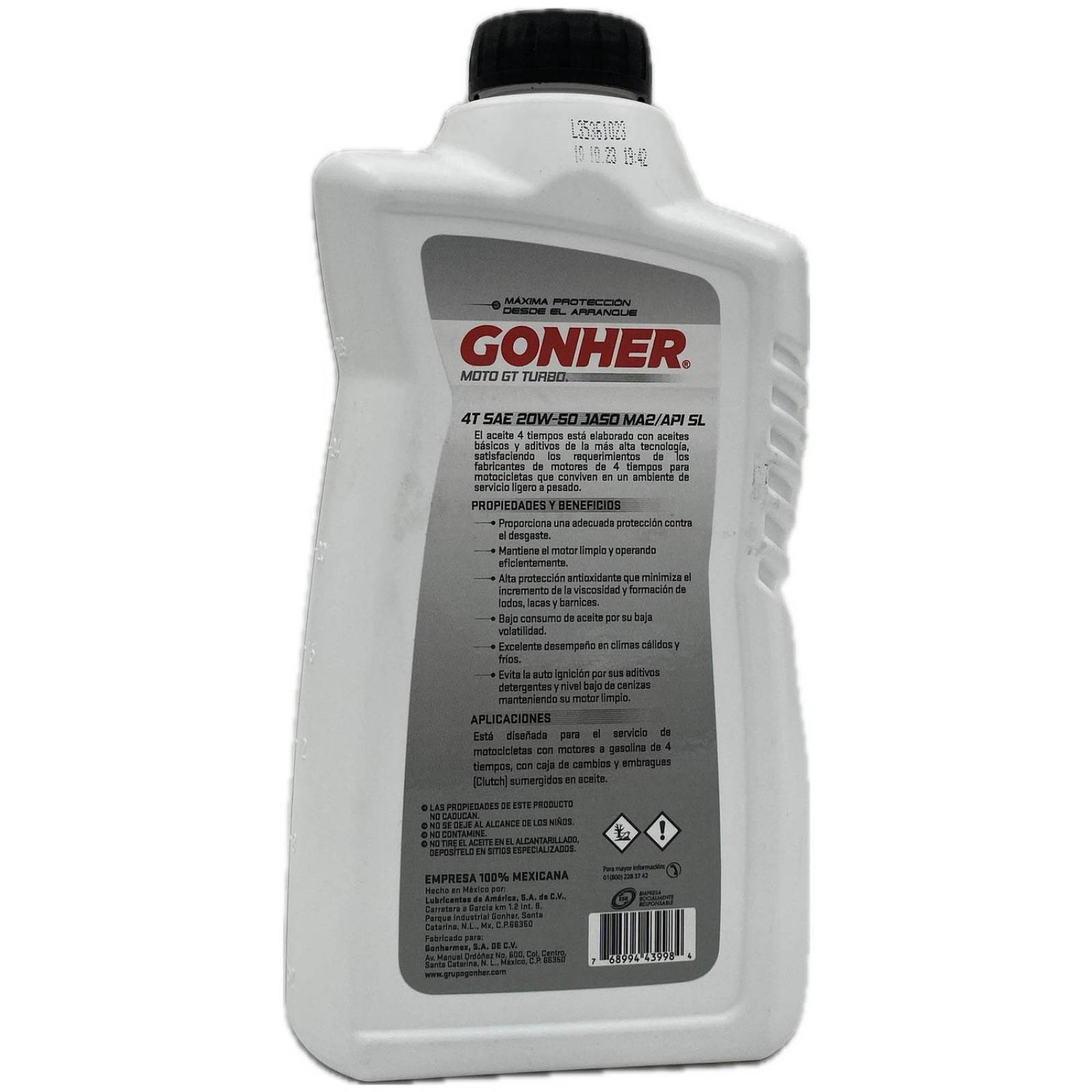 Aceite para motocicleta 4 tiempos 1 Litro Gonher Moto GT Turbo 20W50 