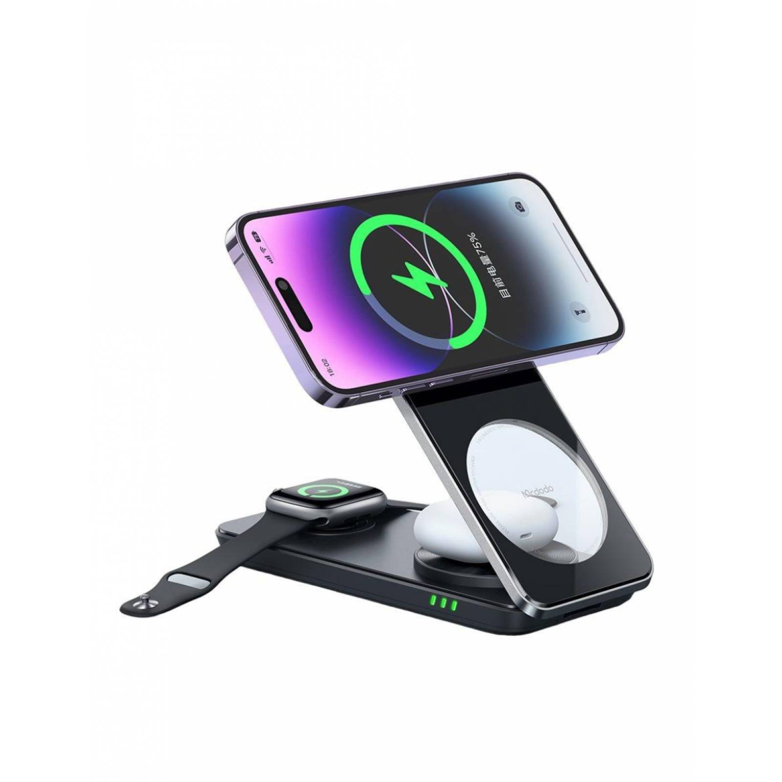 Cargador magnético inalámbrico plegable 3 en 1 con soporte  Negro.
