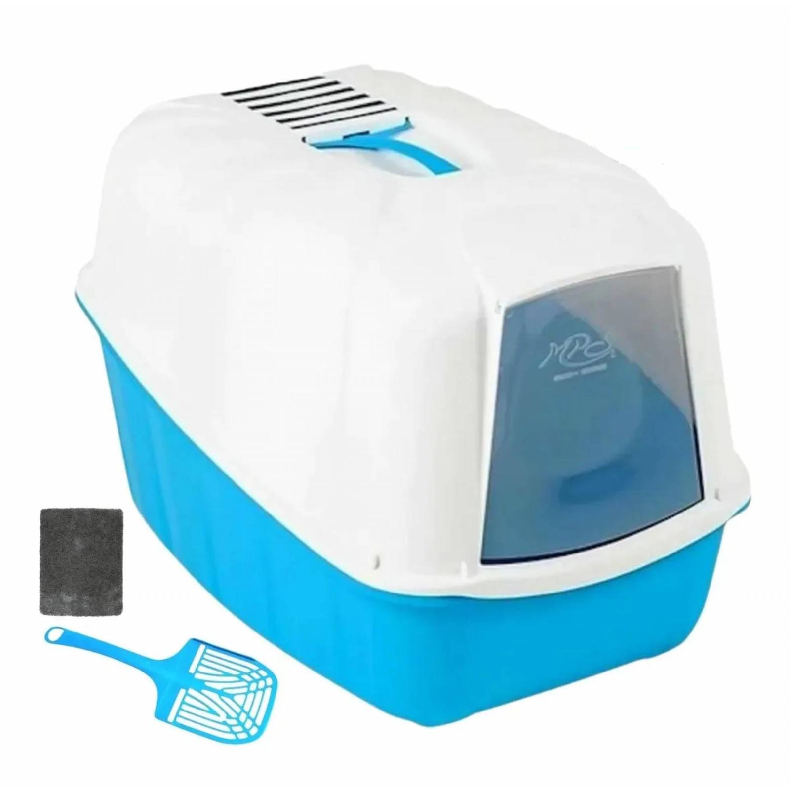 Arenero Con Tapa Y Puerta Para Gatos Filtro De Olores Y Pala Azul Chico