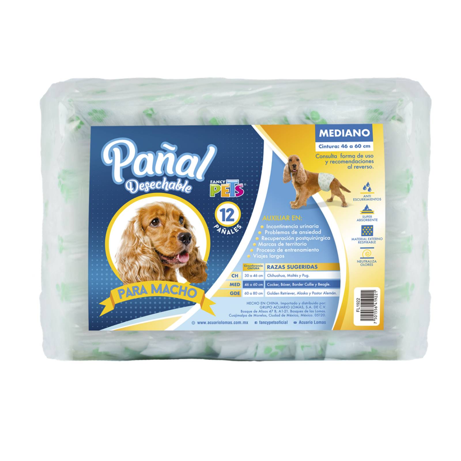 Fancy Pets Pañales para perro macho tamaño mediano 12 piezas 