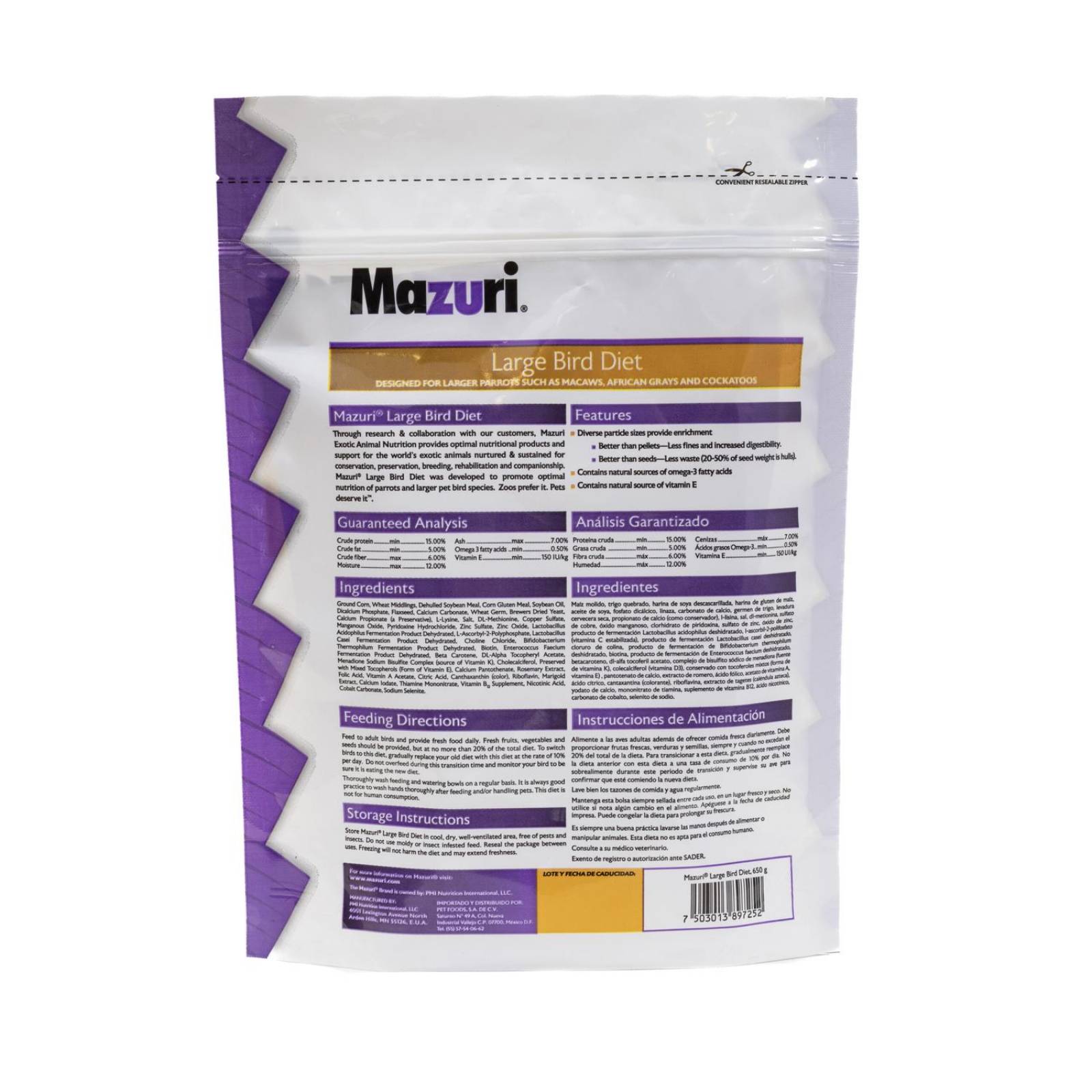 Mazuri Alimento guacamaya, loro africano, cacatúa 650g 