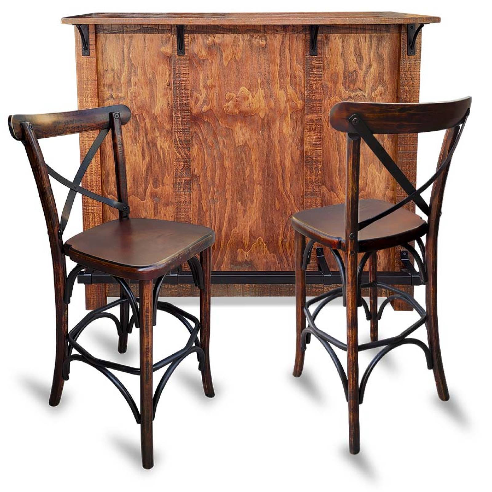 Barra de bar con bancos de madera crossback vintage Nogal Deslavado