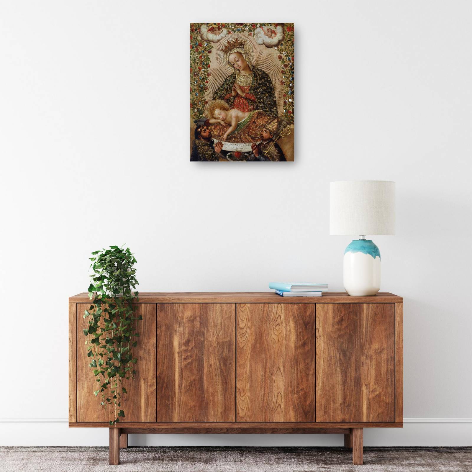 Cuadro Decorativo La Virgen adorando al Nino Jesus con dos santos 30 cm x 41 cm