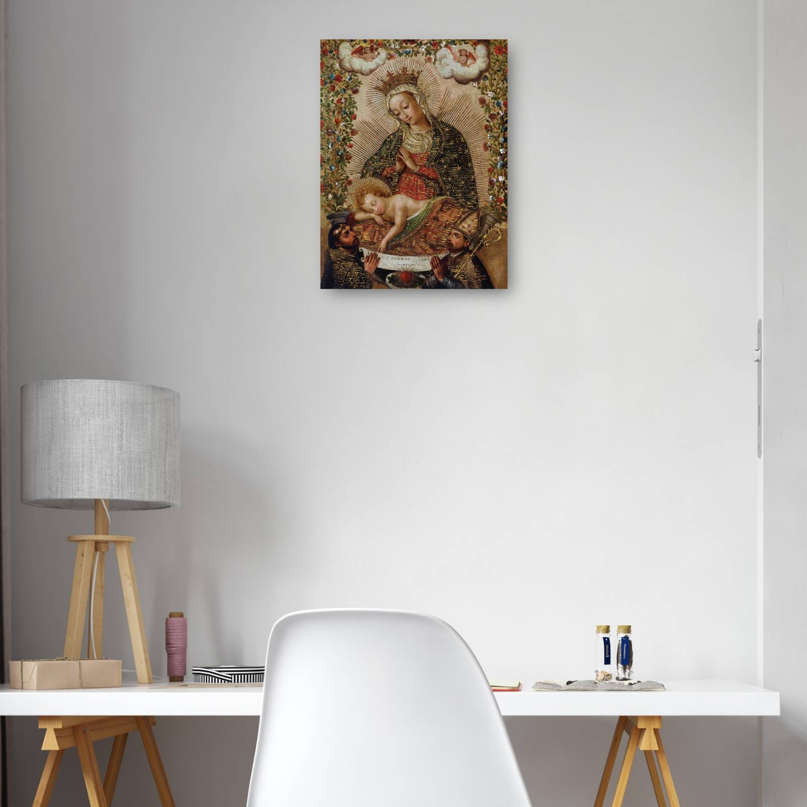 Cuadro Decorativo La Virgen adorando al Nino Jesus con dos santos 30 cm x 41 cm