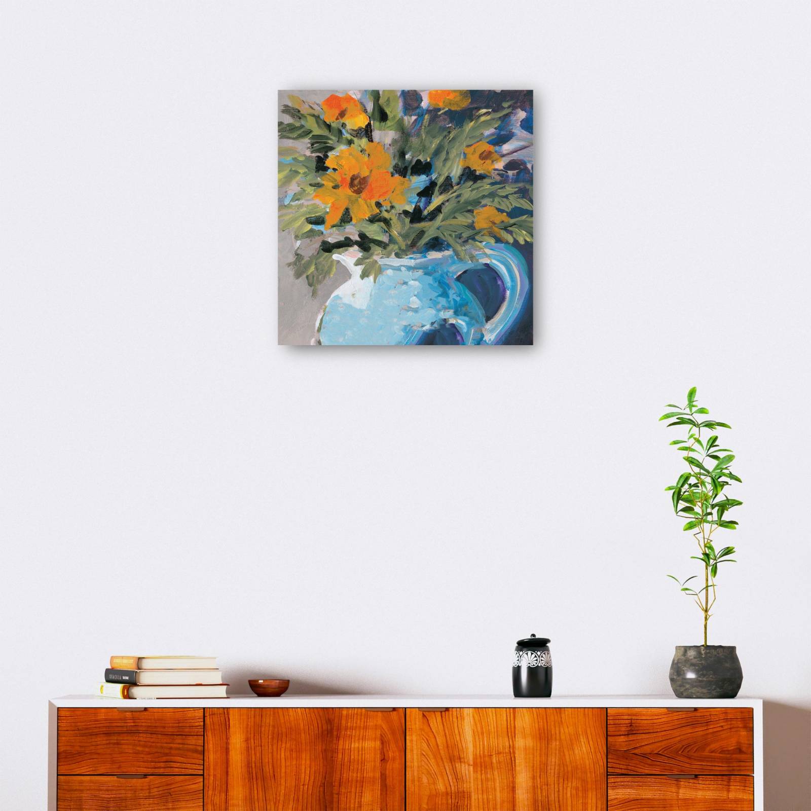 cuadro decorativo - Margaritas naranjas en jarrón azul