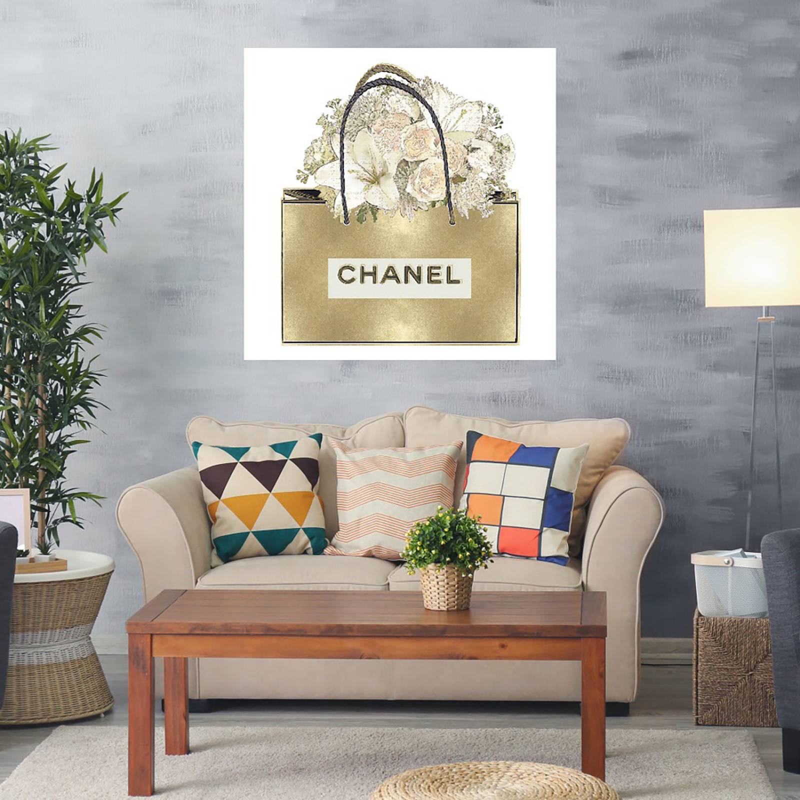 Cuadro Decorativo | Bolsa de oro con ramo floral | Madeline Blake | 82X82 Cm | Arte Moderno | Impresión en Lienzo | Fine Art TJ