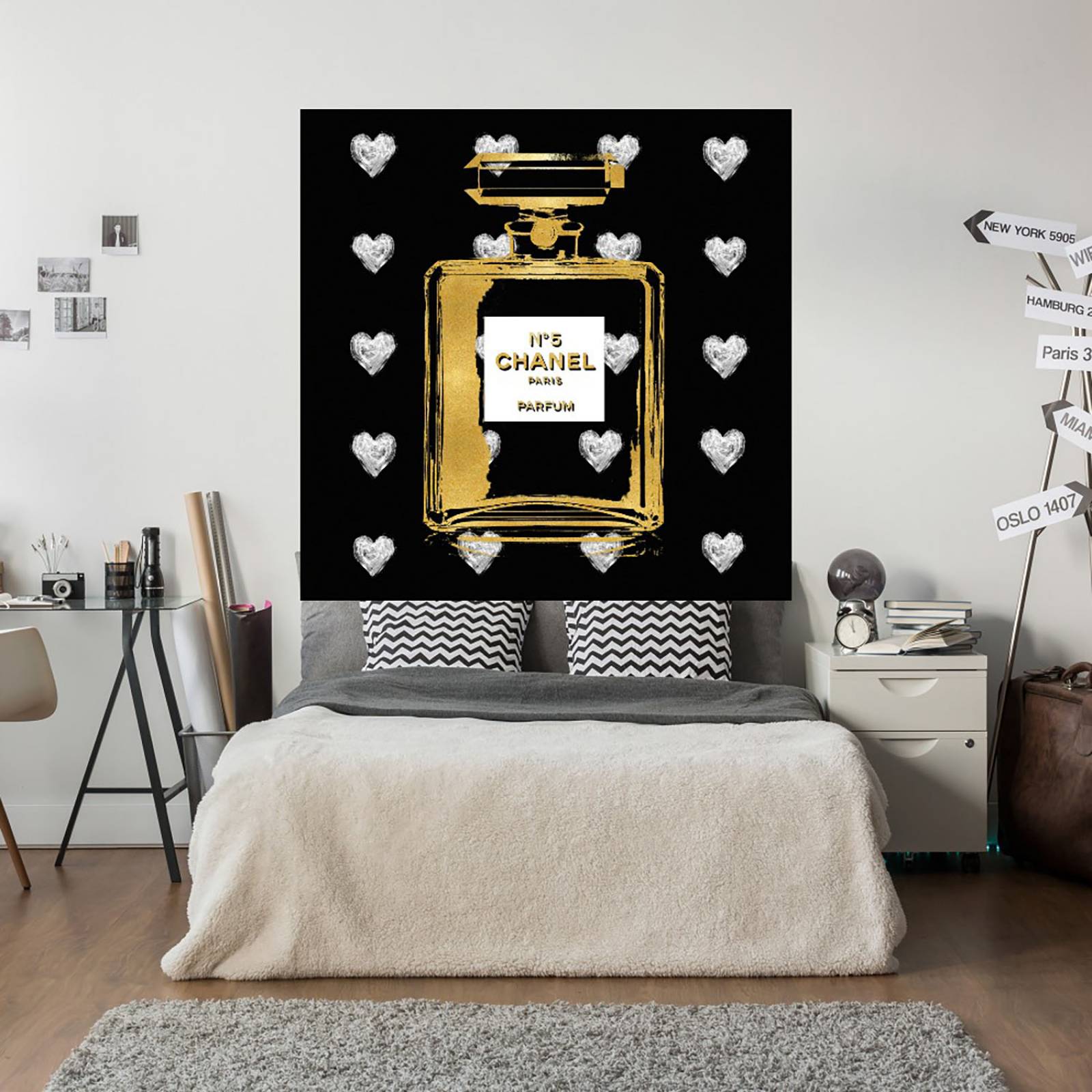 Cuadro Decorativo | Corazones de plata sobre negro | Madeline Blake | 122X122 Cm | Arte Moderno | Impresión en Lienzo | Fine Art TJ