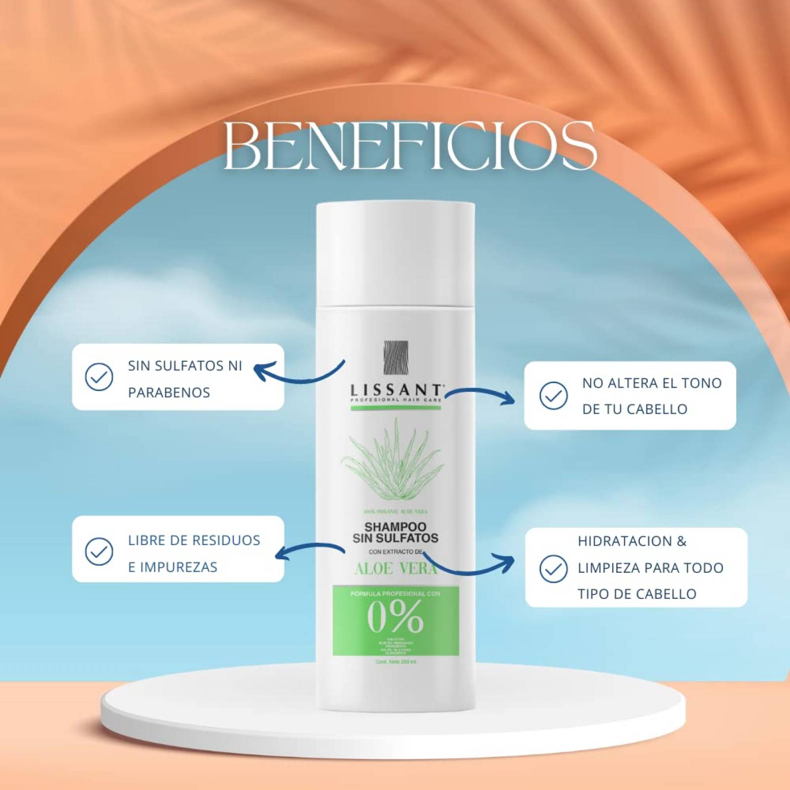 Shampoo Neutro Post alaciado Sin Sulfatos, Parabenos, Sal, Alergenos, con extracto de Aloe Vera - Lissant 250ml