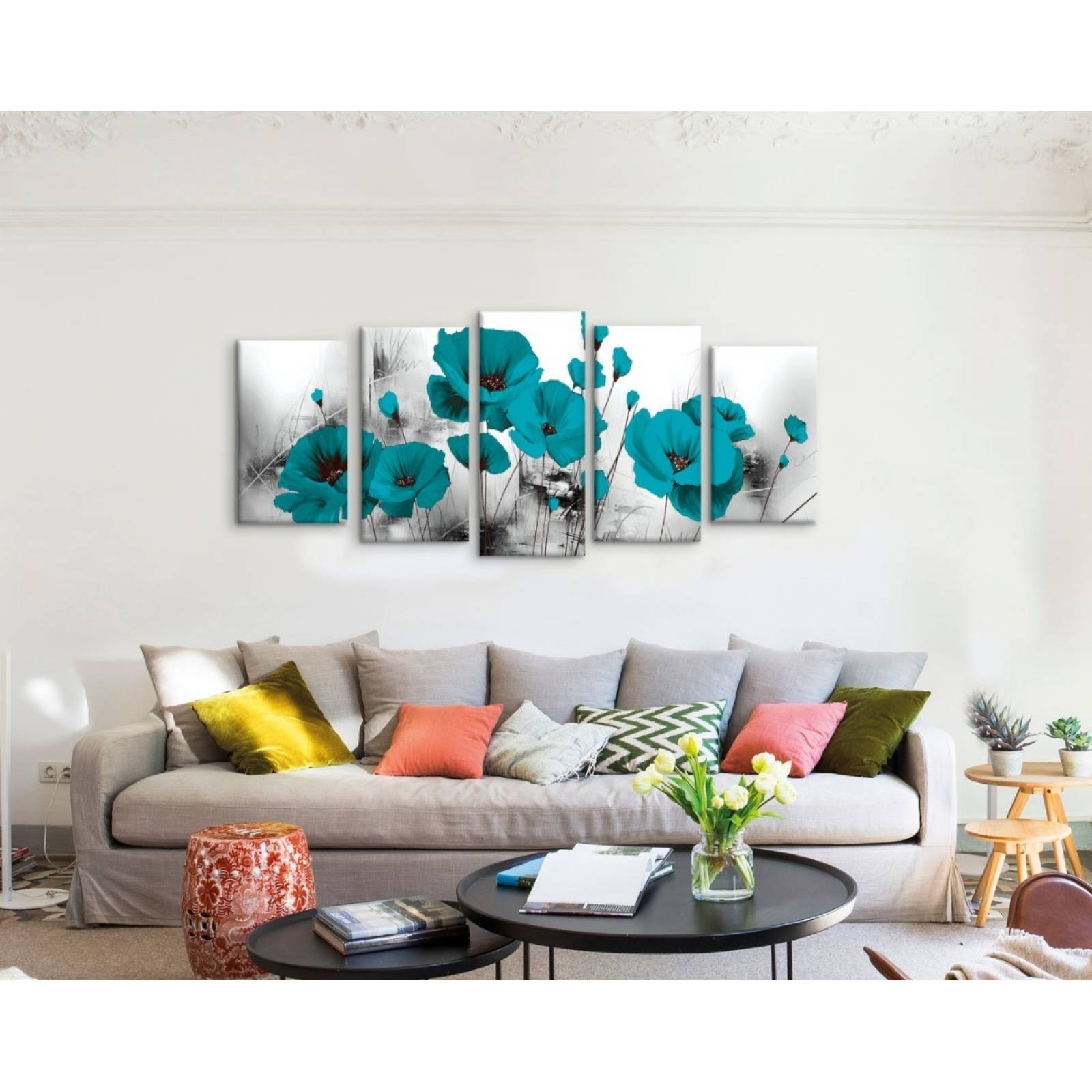 Set De 5 Cuadros Decorativos Para Sala, Flores Turquesas