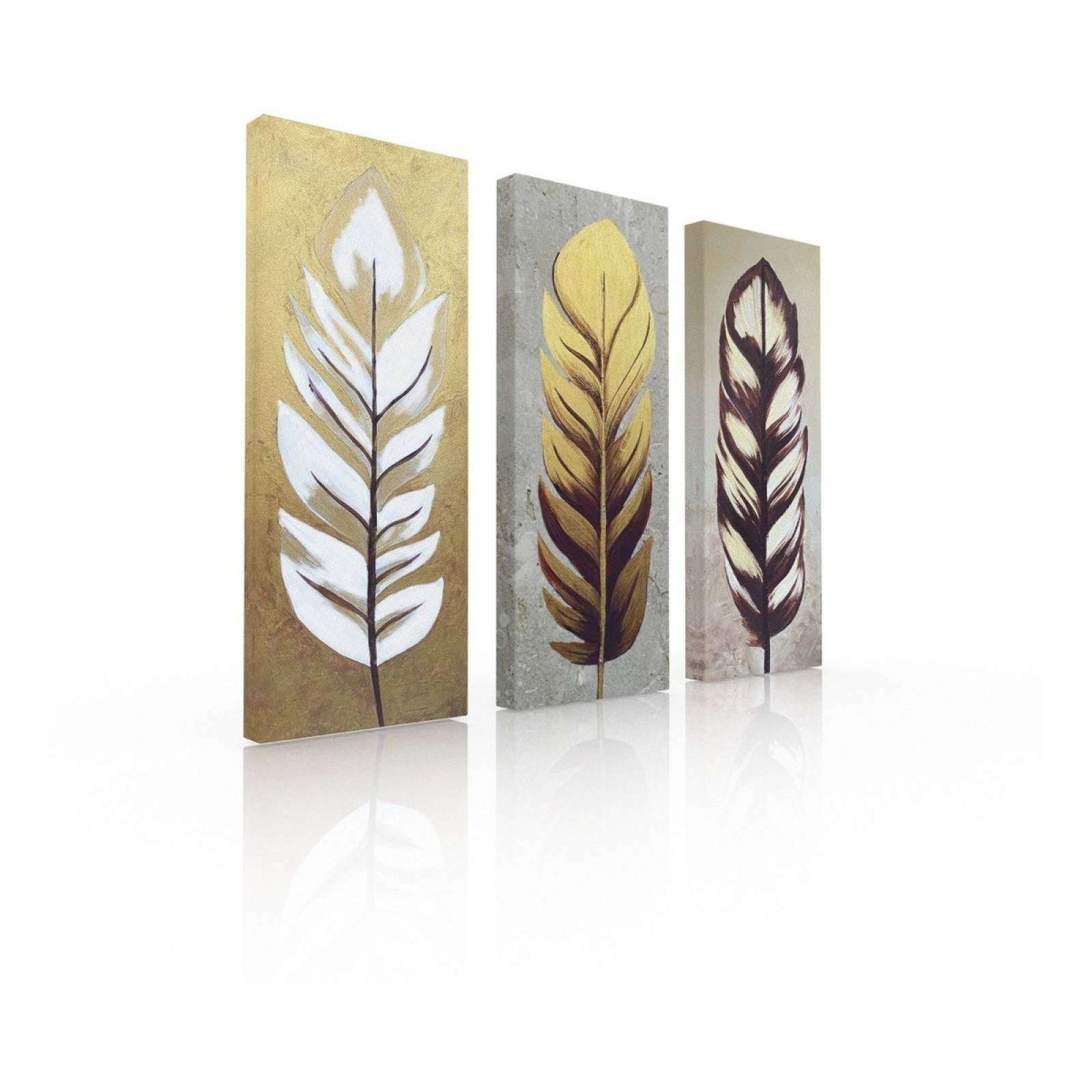 Set De 3 Cuadros Decorativos Modernos Plumas Oro
