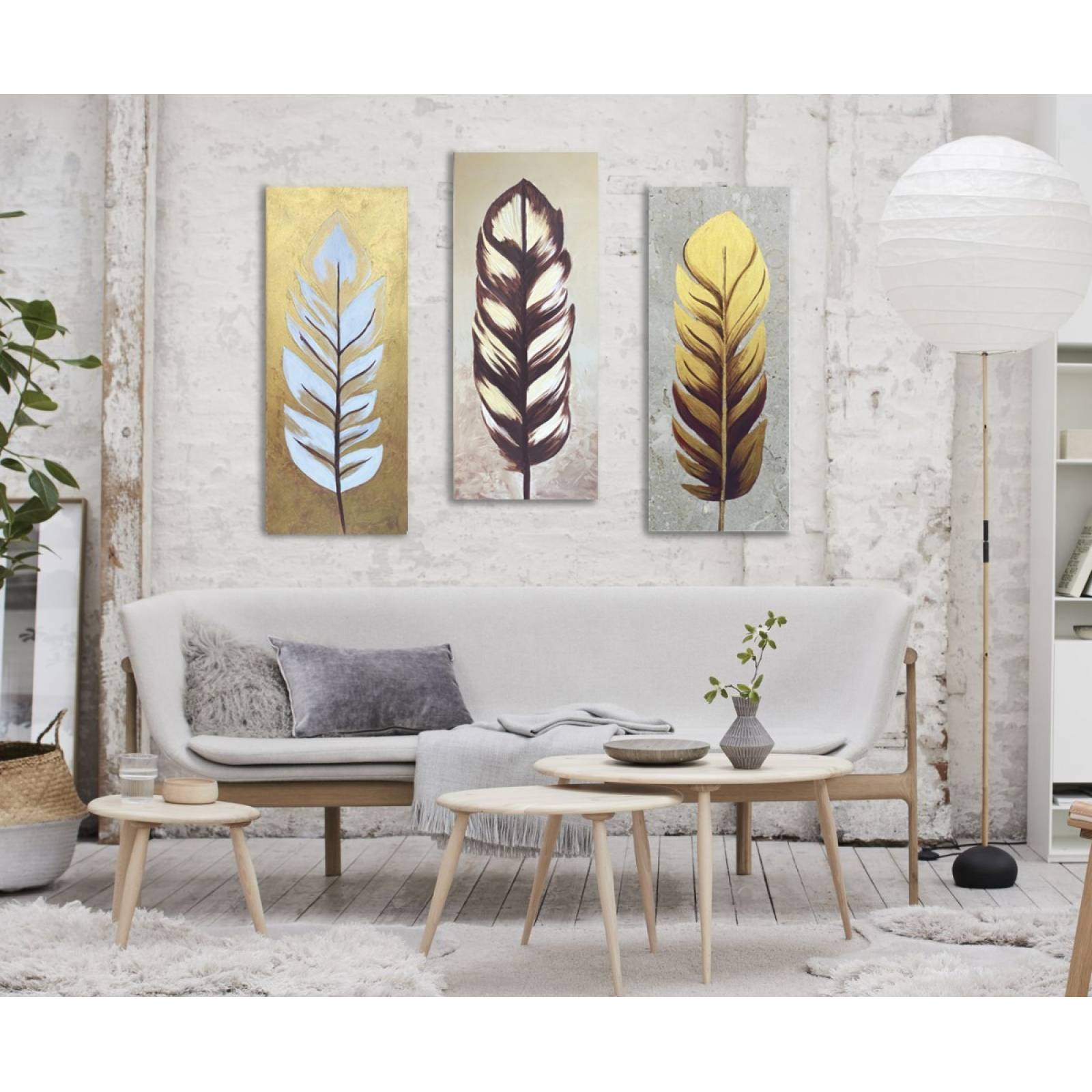 Set De 3 Cuadros Decorativos Modernos Plumas Oro